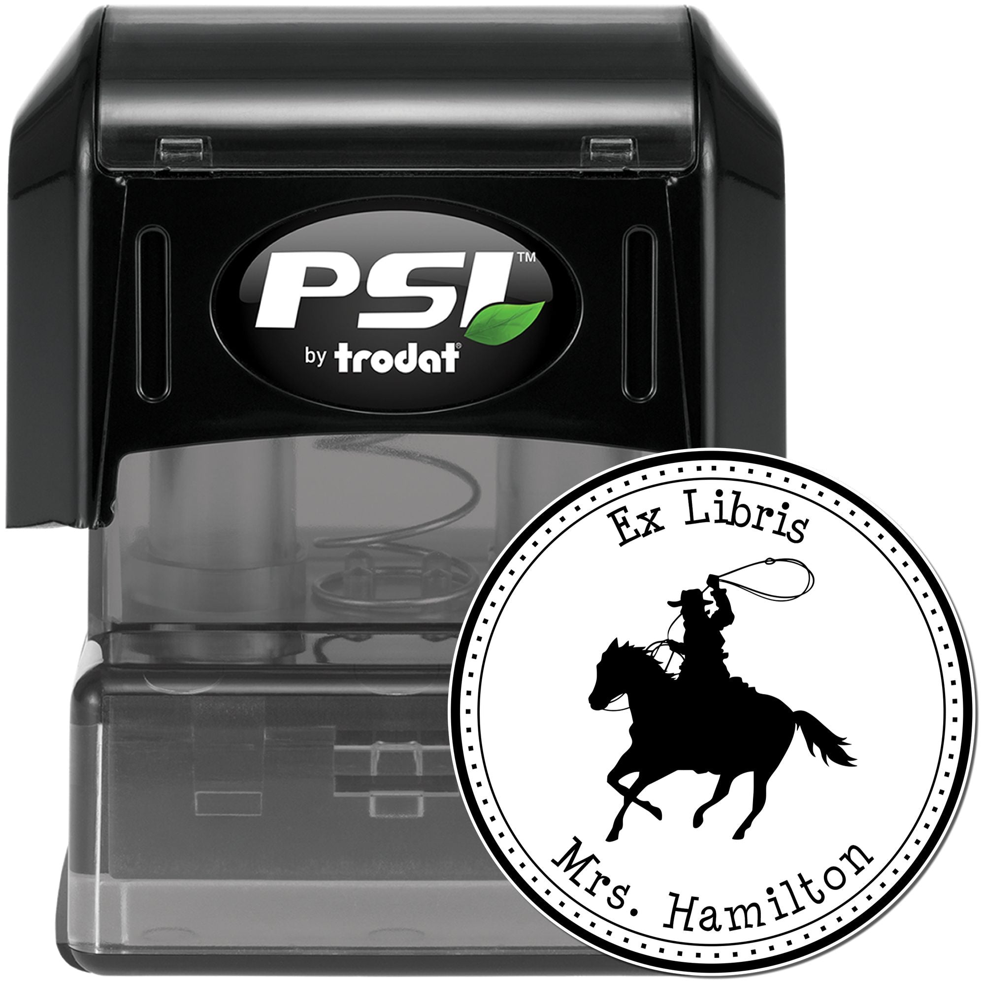 Black PSI by trodat self-inking stamp with round Ex Libris seal, white and black cowboy design for Mrs. Hamilton.