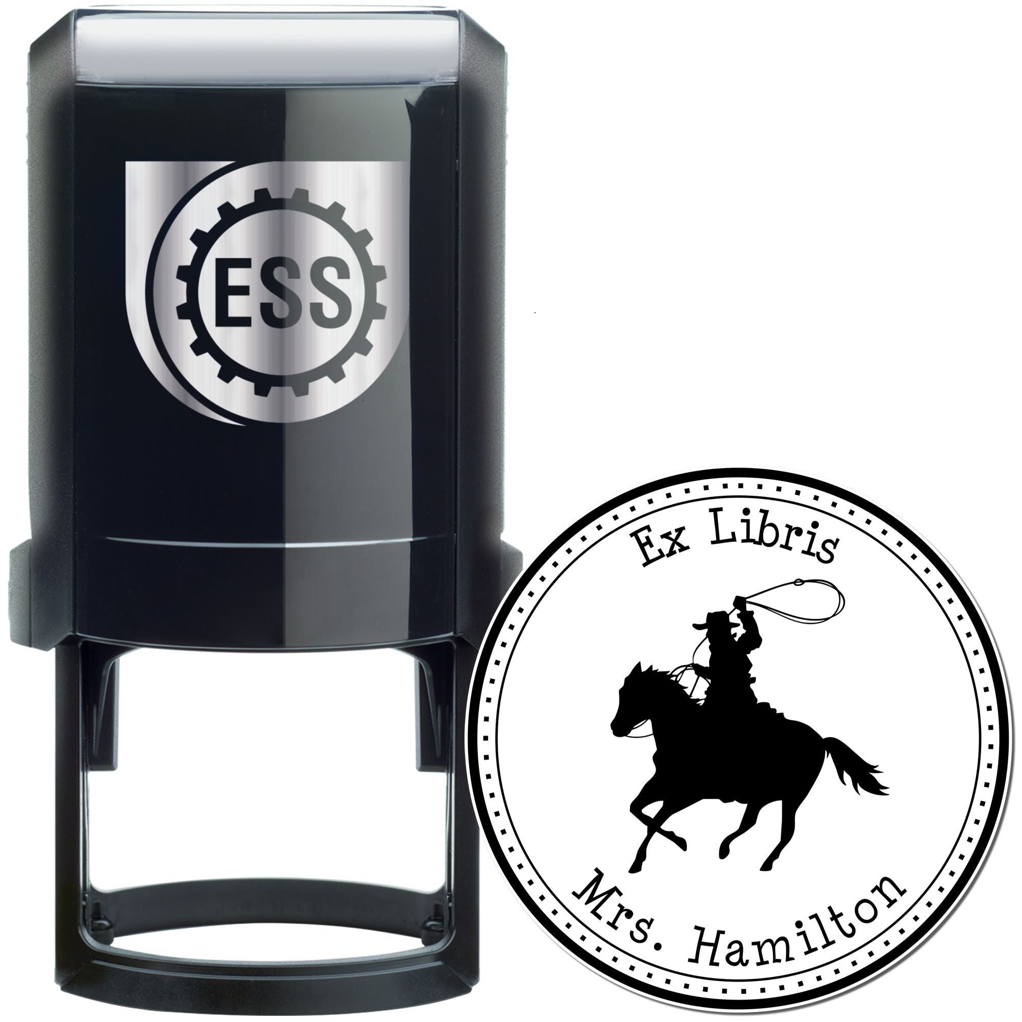 Black self-inking stamp and round ex libris seal with silver ESS logo and Mrs. Hamilton cowboy design.