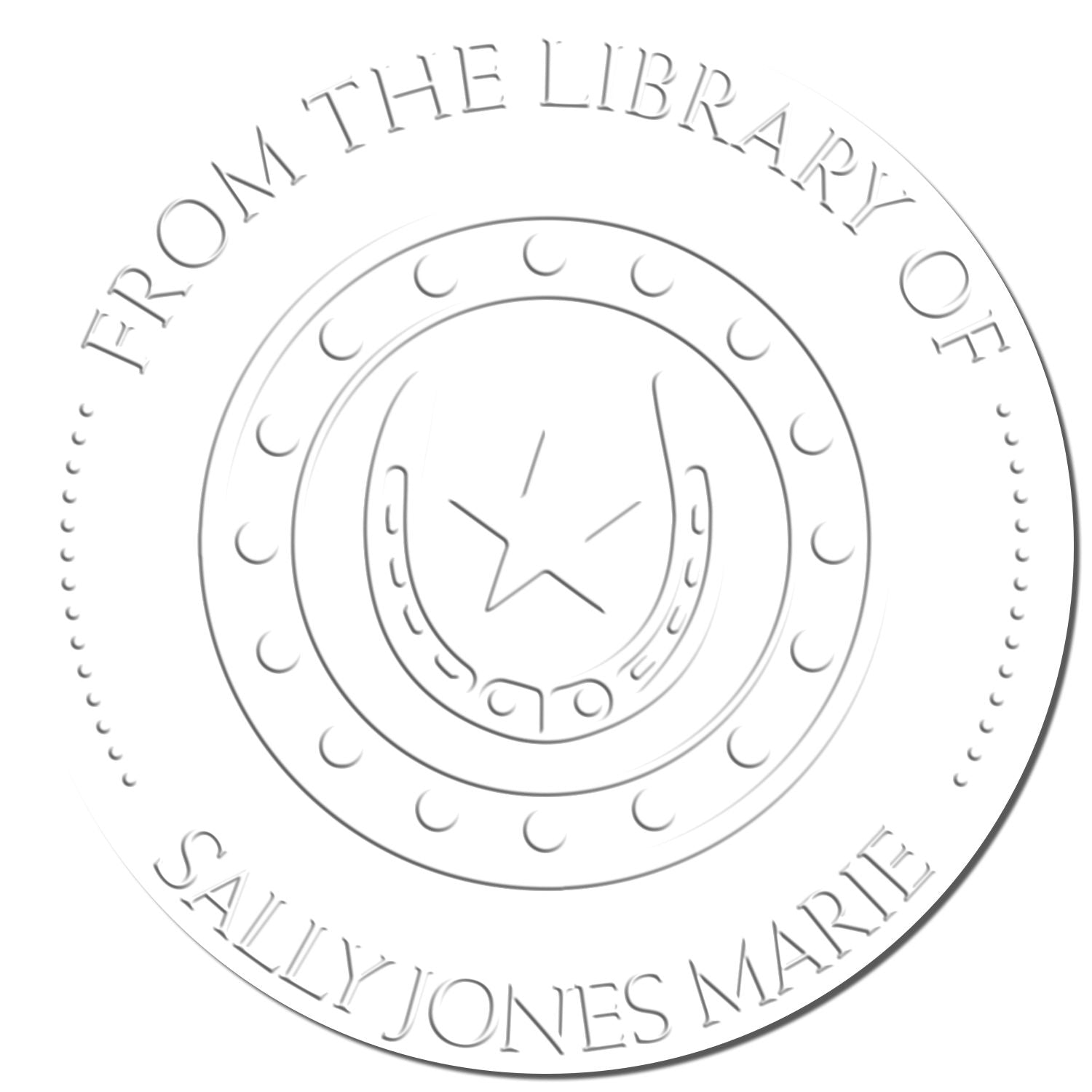 Embossed silver library stamp seal with circular star emblem and From the Library of Sally Jones Marie text