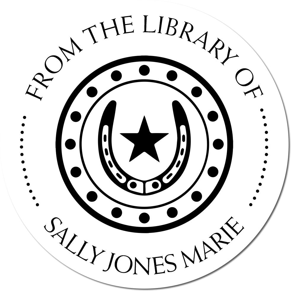 Black-and-white circular library stamp and seal with horseshoe, star, and text "From the Library of Sally Jones Marie".