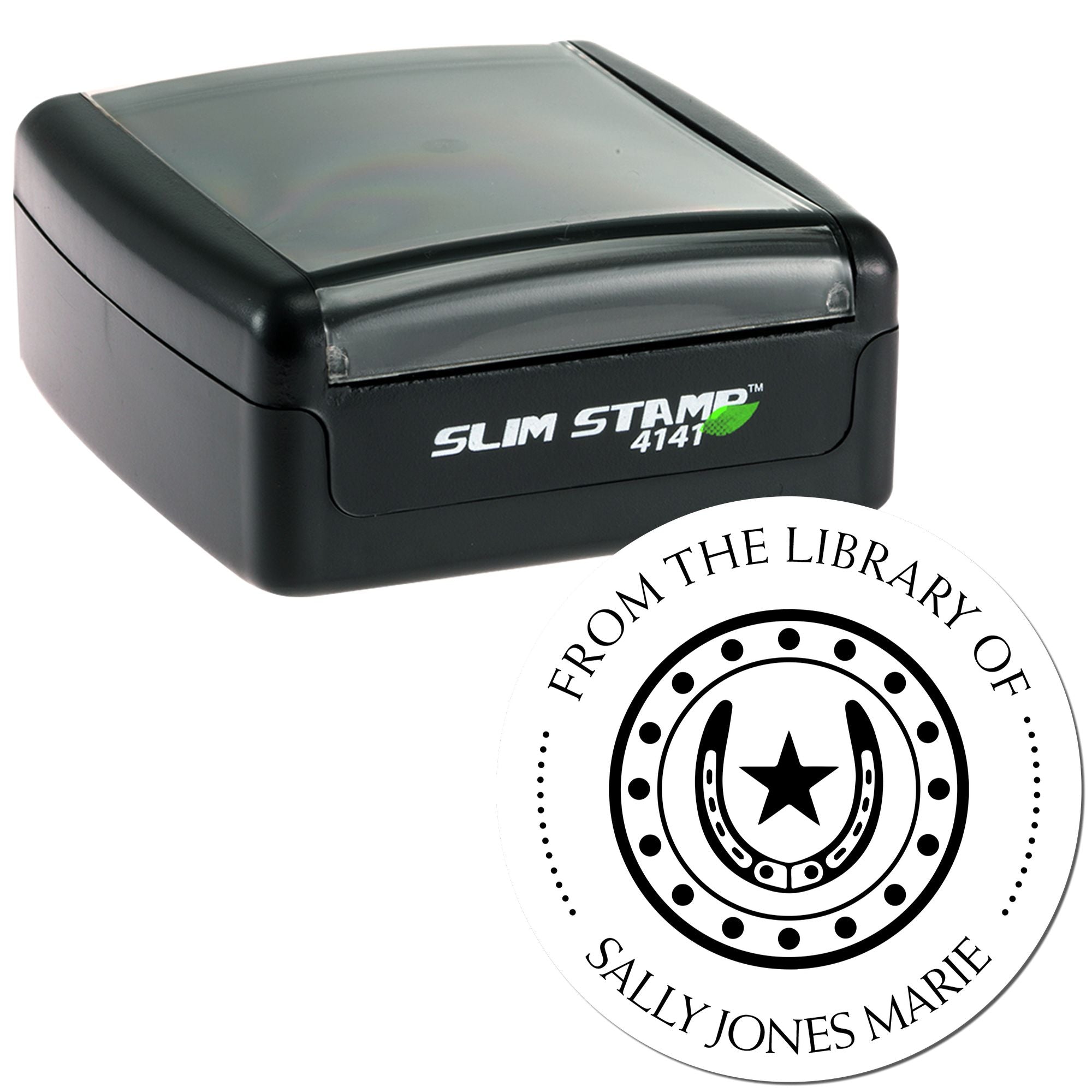 Black self-inking slim stamp with clear lid and round library seal reading From the Library of Sally Jones Marie