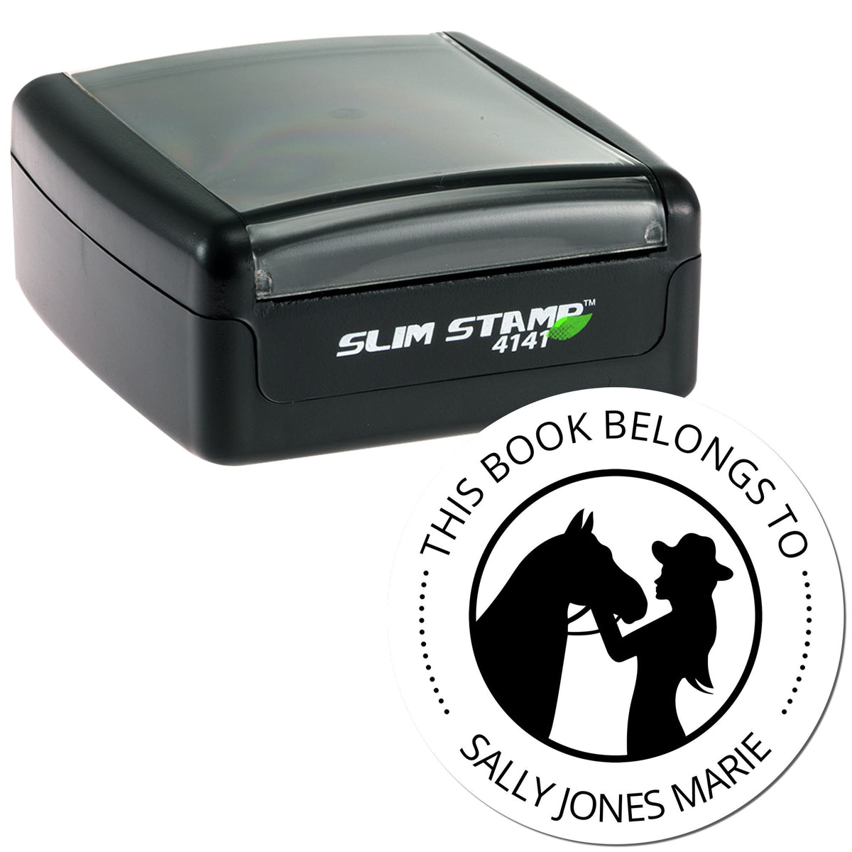 Black Slim Stamp 4141 self-inking stamp with custom round book seal, horse silhouette, and ĀThis book belongs to Sally Jones MarieĀ