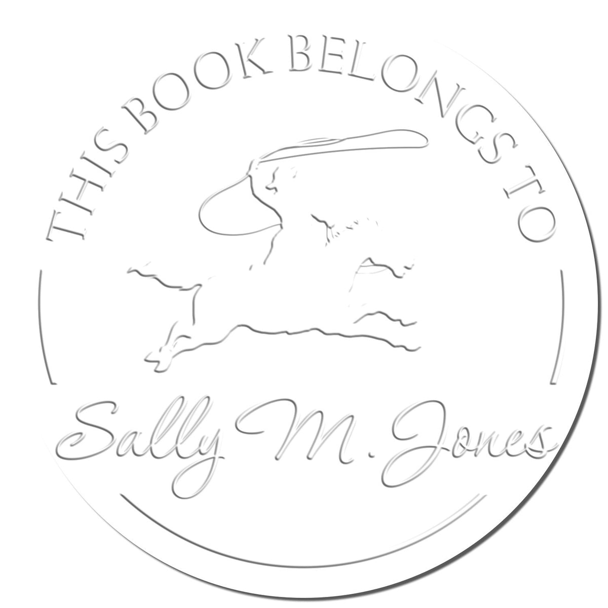 ESS Swift Serenade equestrian hand stamp with personalized farm animal embossing seal on a white background.