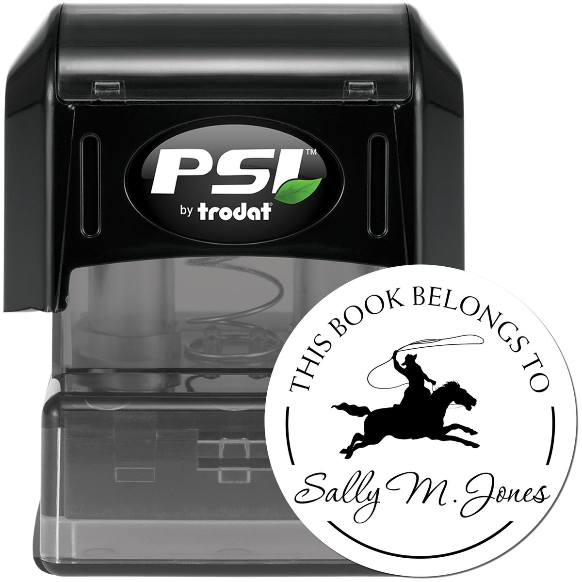Black PSI by Trodat self-inking stamp with clear base and white round custom seal reading This Book Belongs to Sally M. Jones.
