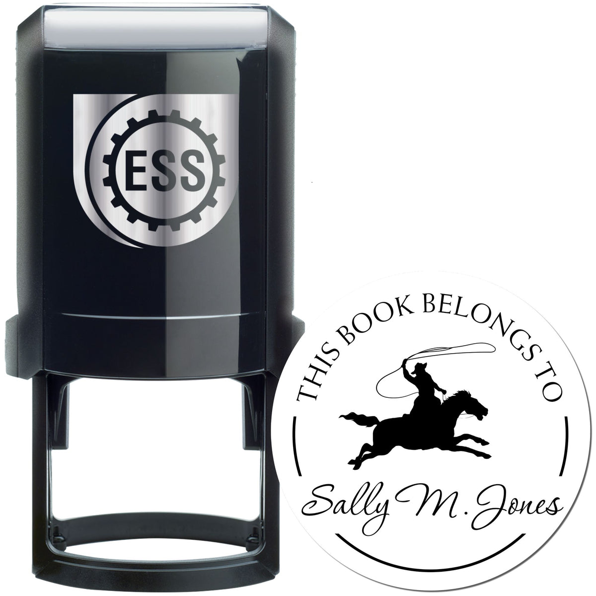 Black self-inking ESS stamp and white custom book seal with horse rider design and Sally M. Jones text