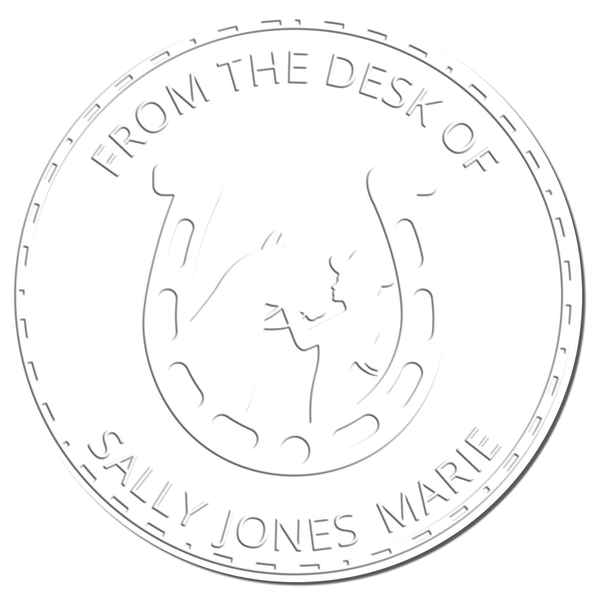 Personalized library embosser with Twilight Serenity horse design by ESS, showcasing the detailed raised imprint of the equestrian-themed stamp.