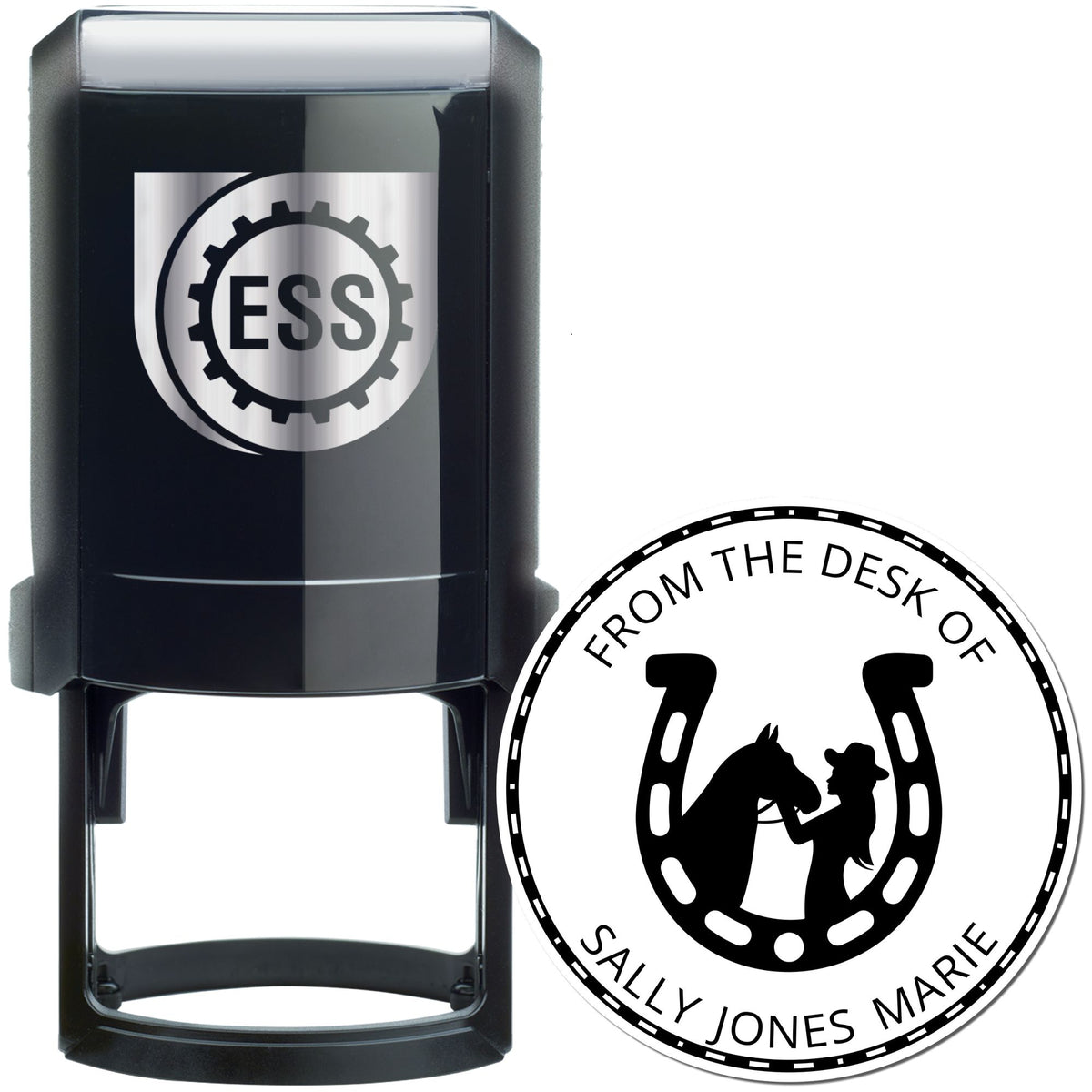 Black self-inking stamp and round desk seal with ESS logo, silver accents, and Sally Jones Marie horse-and-woman design.