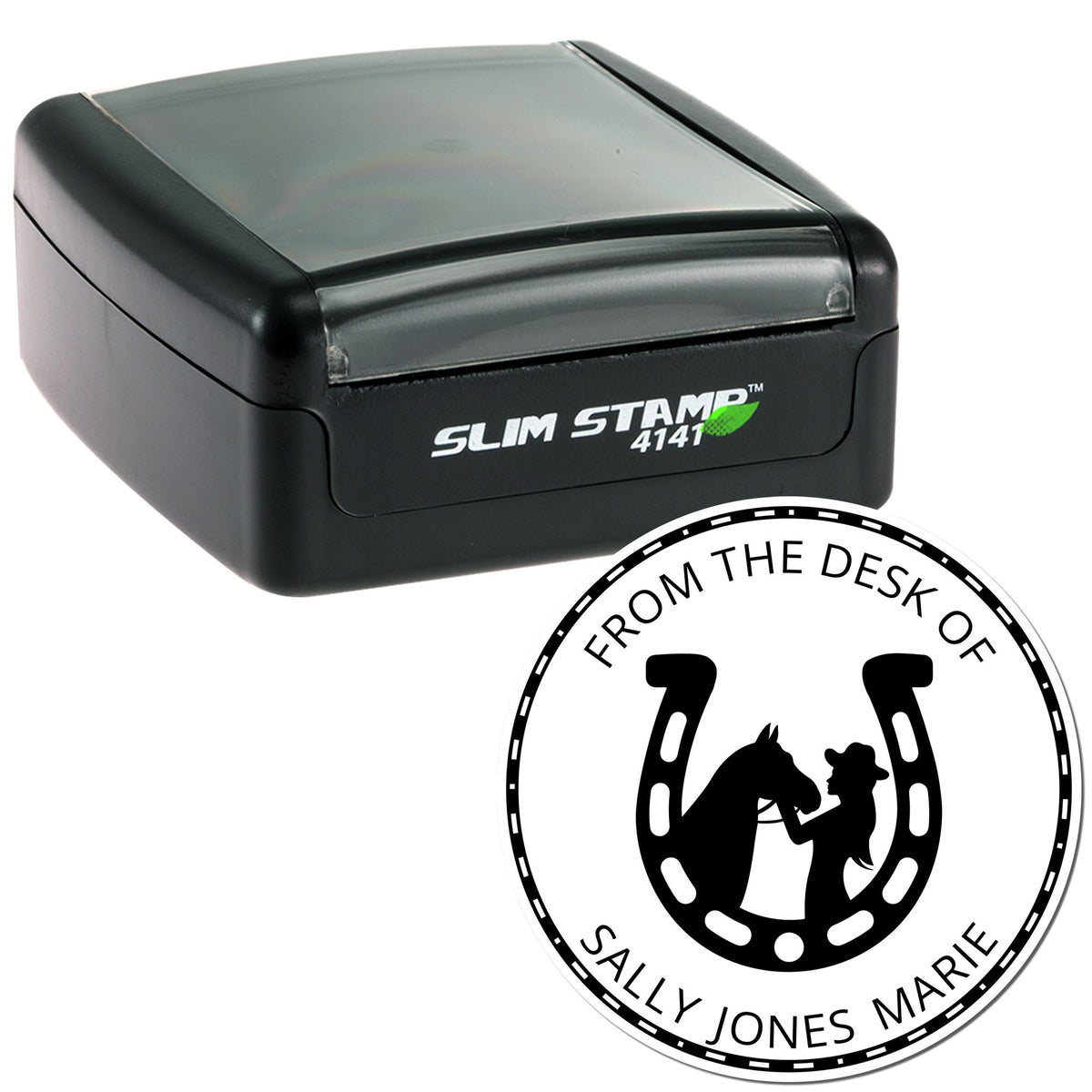 Black Slim Stamp self-inking stamp with gray lid and round personalized desk seal reading From the Desk of Sally Jones Marie