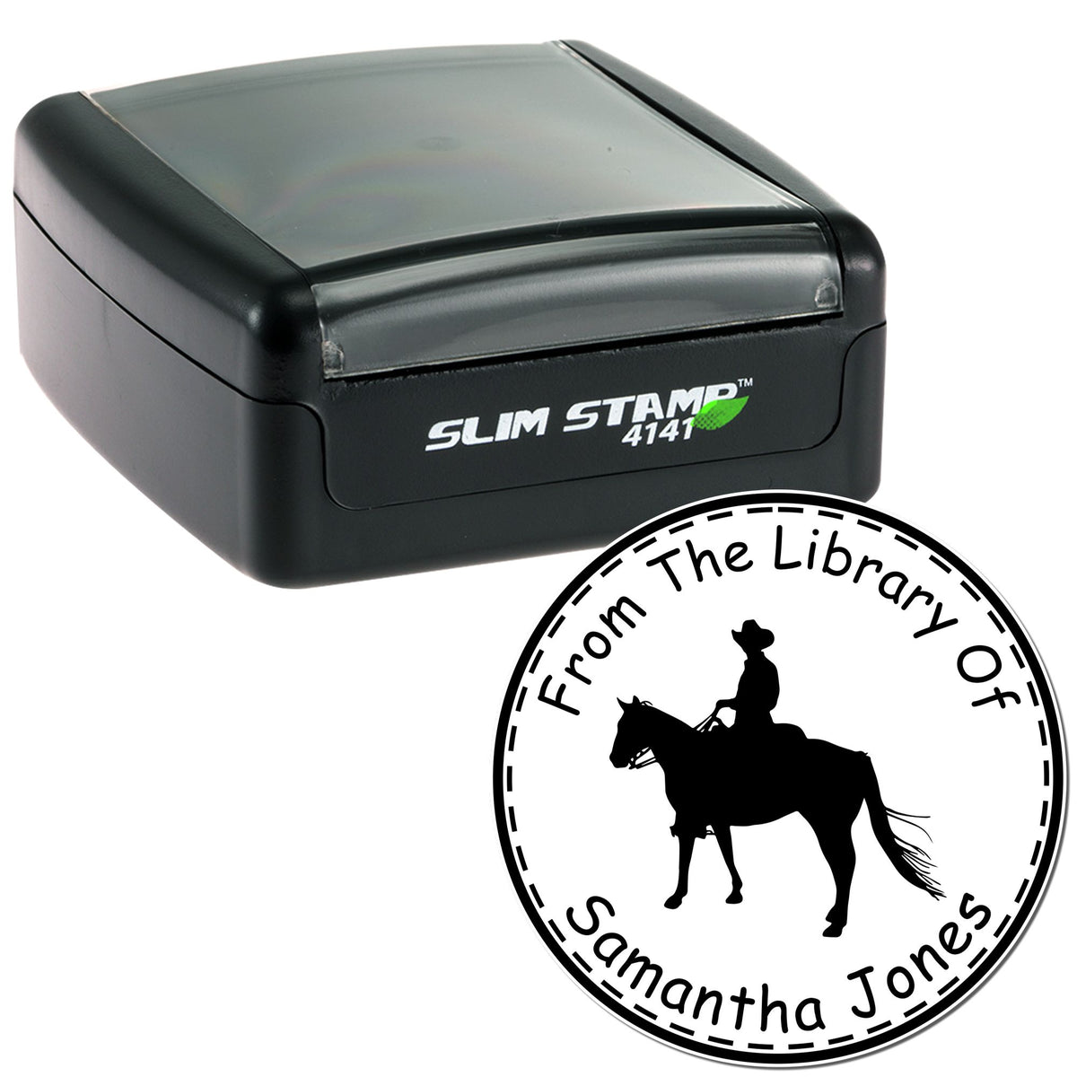 Black Slim Stamp 4141 self-inking stamp and round custom seal, black with clear top, featuring cowboy silhouette and From The Library Of Samantha Jones text