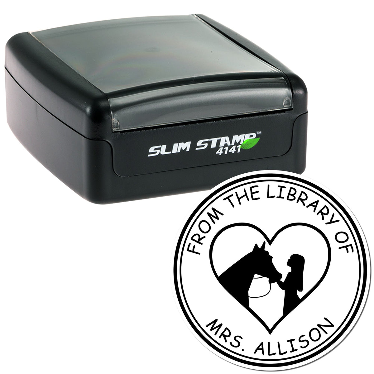 Black Slim Stamp 4141 self-inking stamp with round black-and-white library seal reading From the Library of Mrs. Allison.