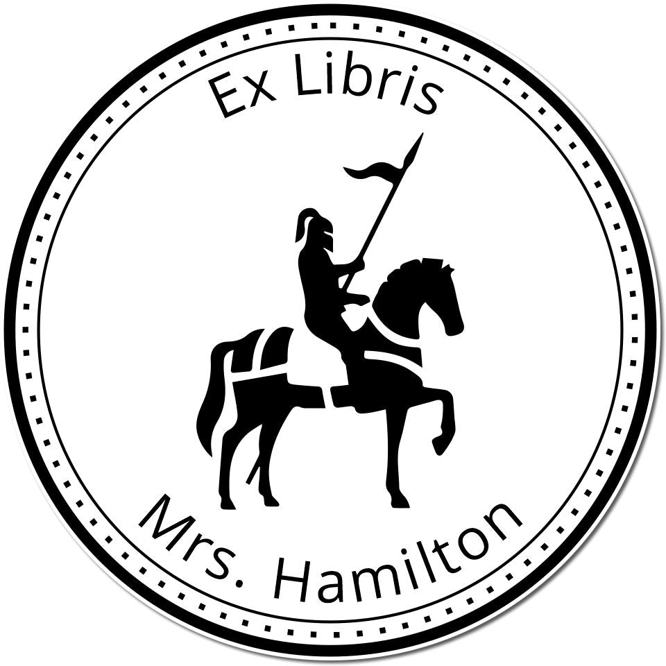 Black-and-white circular Ex Libris stamp seal with mounted rider and flag, bordered by dots, labeled Mrs. Hamilton.
