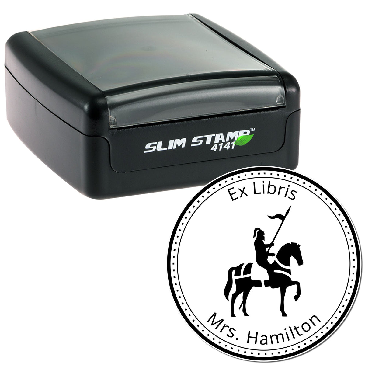 Black Slim Stamp 4141 self-inking stamp and custom Ex Libris seal for Mrs. Hamilton with horse-and-rider emblem.
