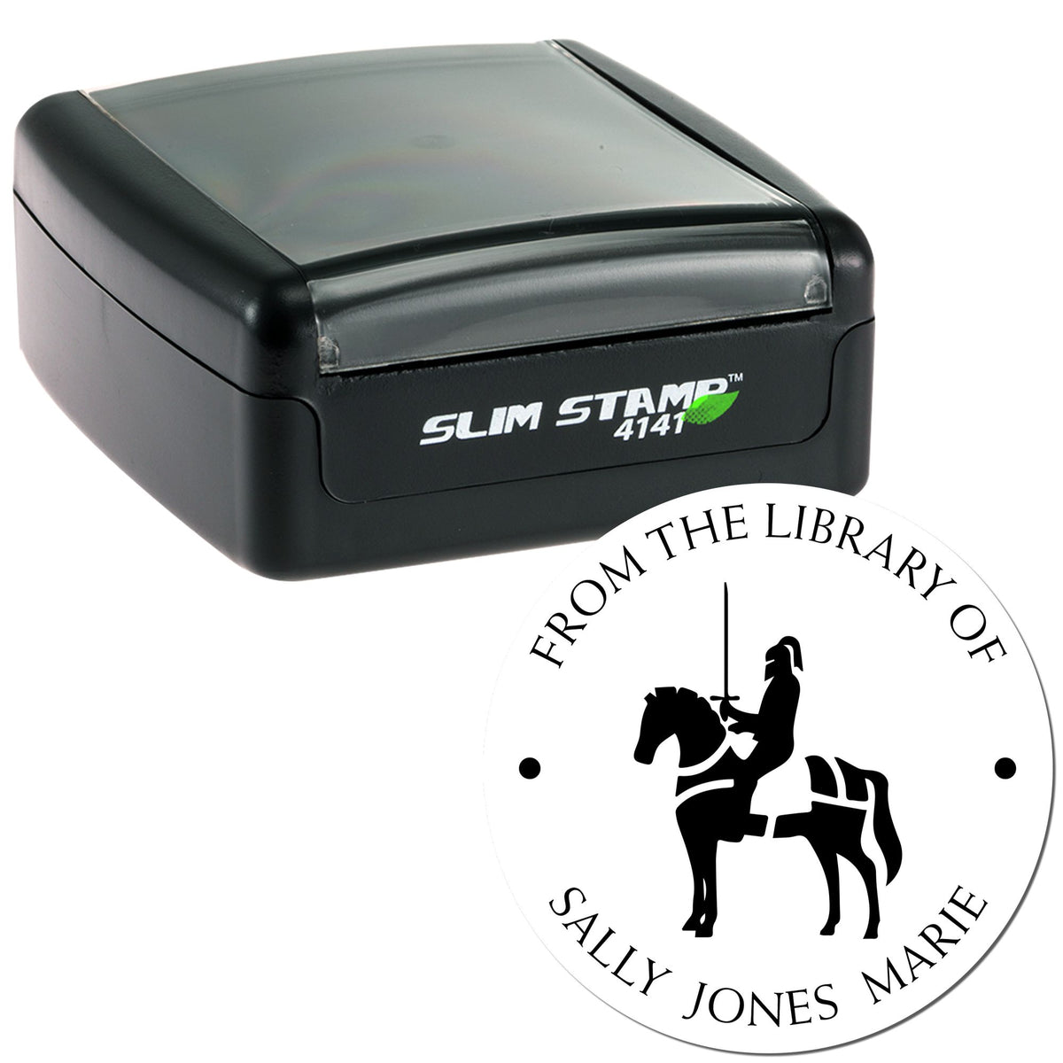 Black Slim Stamp 4141 self-inking stamp with round white library seal, black knight emblem, and curved library text.