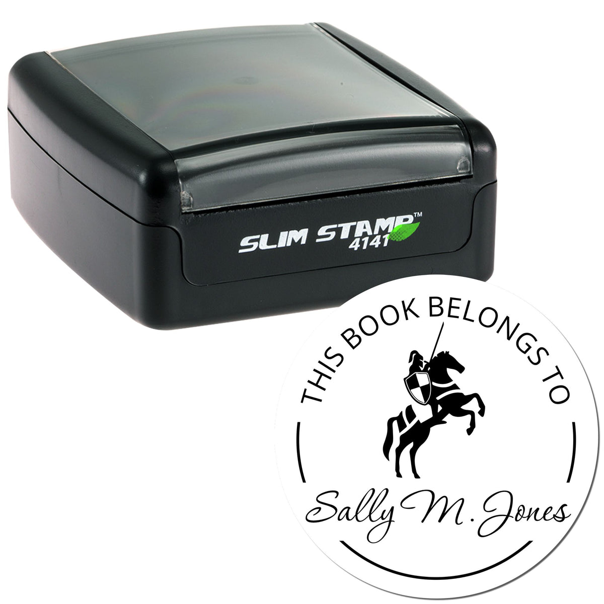 Black Slim Stamp 4141 and round white bookplate seal with horse emblem and Sally M. Jones text.
