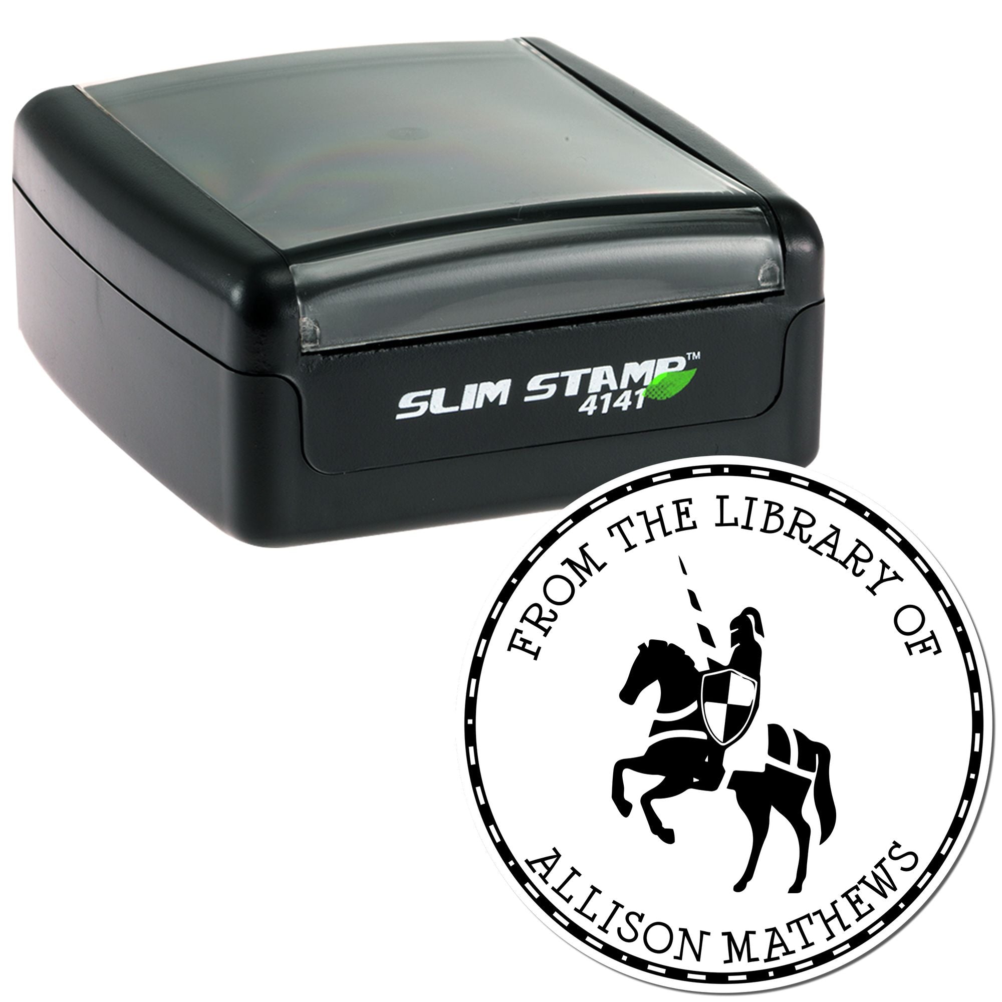 Black and gray self-inking Slim Stamp 4141 with custom circular library seal reading Allison Mathews, horse and shield.