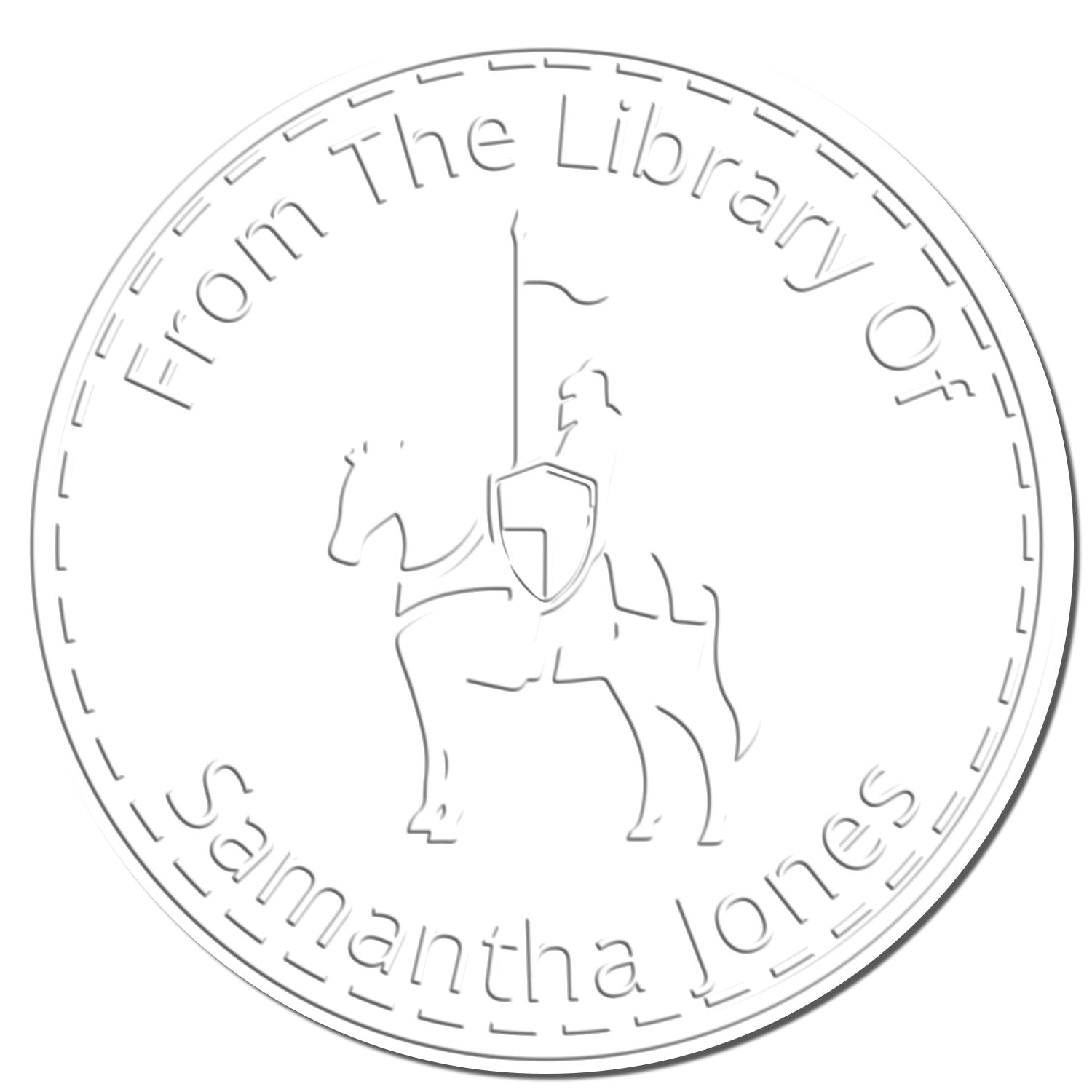 White circular library stamp seal with embossed gray text From The Library of Samantha Jones and a horse-and-rider emblem.