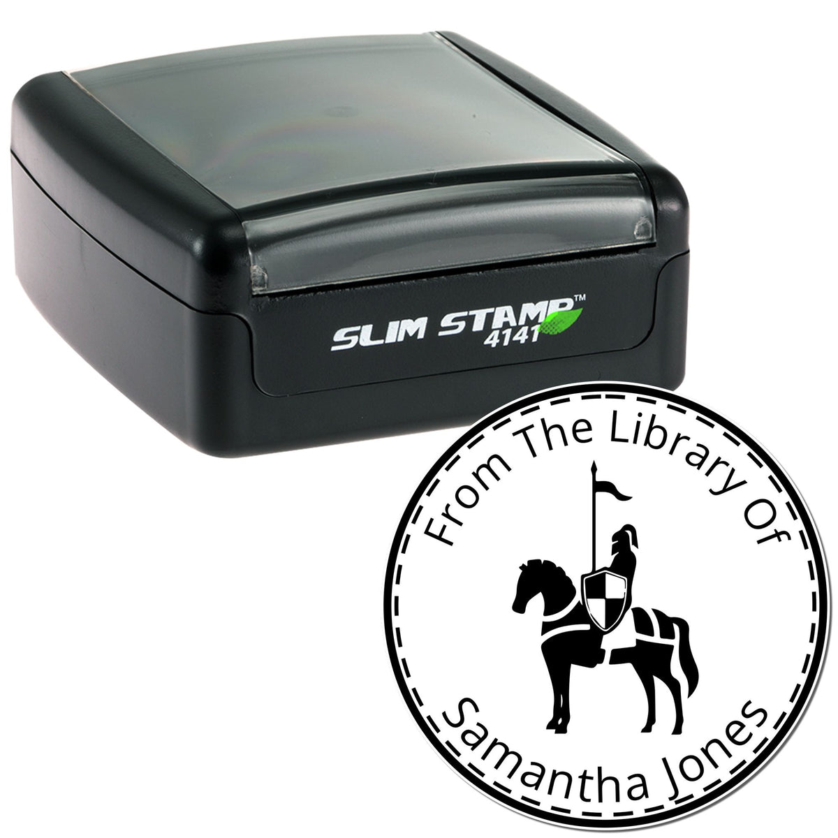 Black Slim Stamp 4141 and round library seal, black-and-white custom imprint reading From The Library Of Samantha Jones.