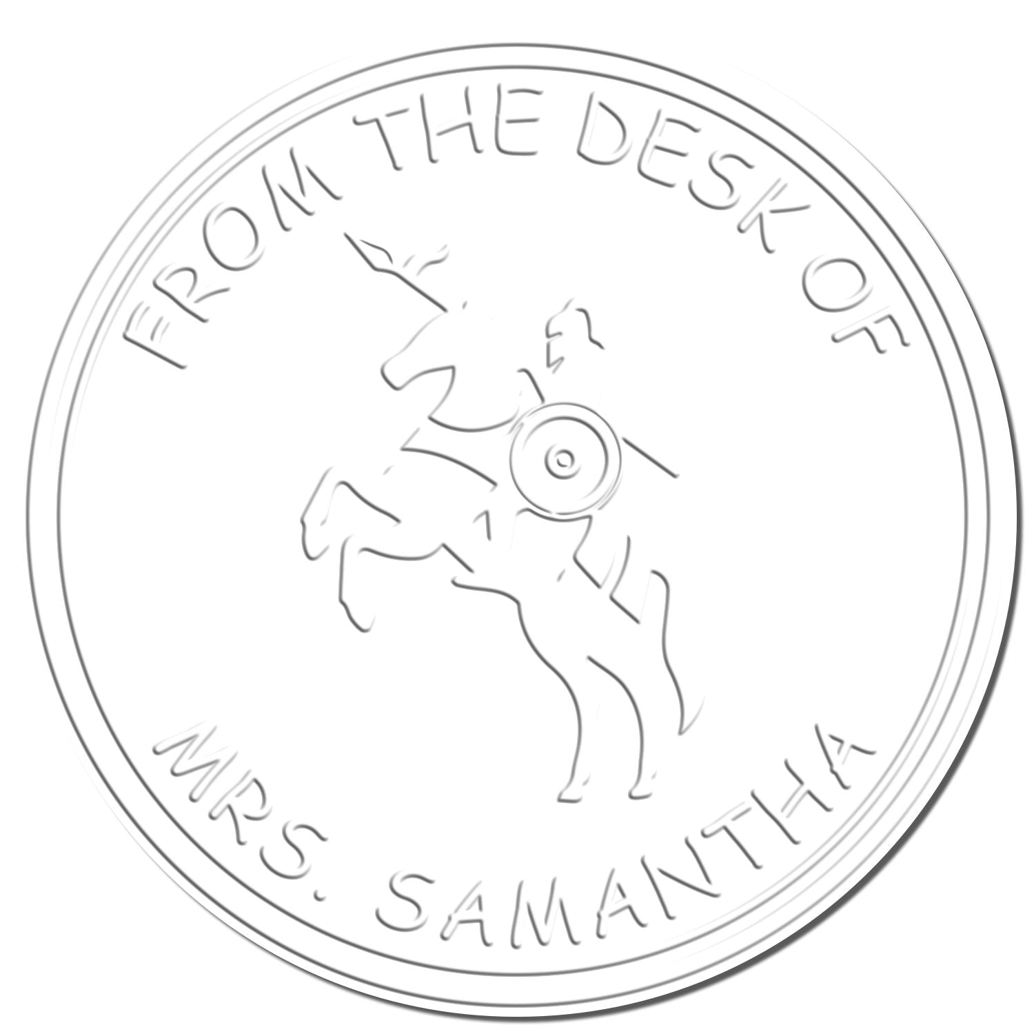 White circular embossed seal stamp with unicorn and gray text, From the Desk of Mrs. Samantha.