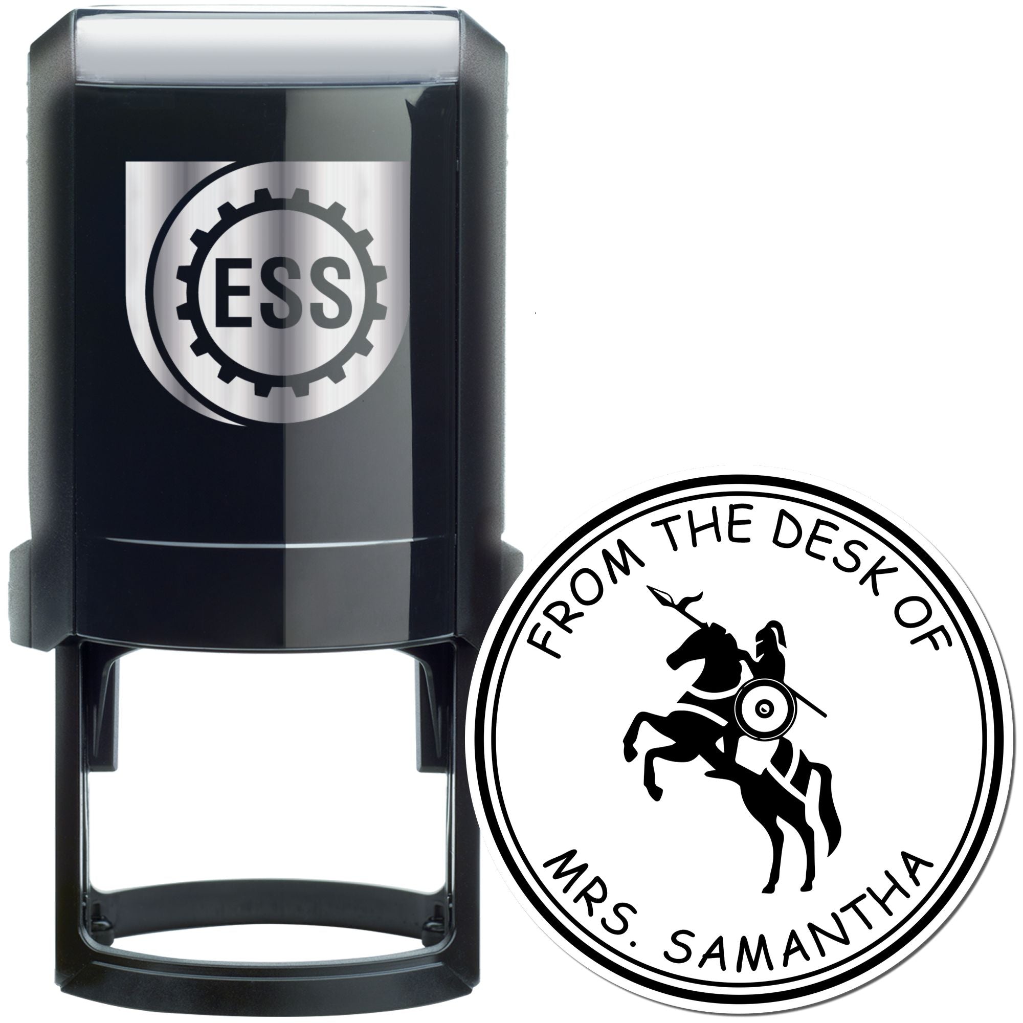 Black self-inking stamp and round seal with ESS logo and rider emblem, in black, silver, and white.