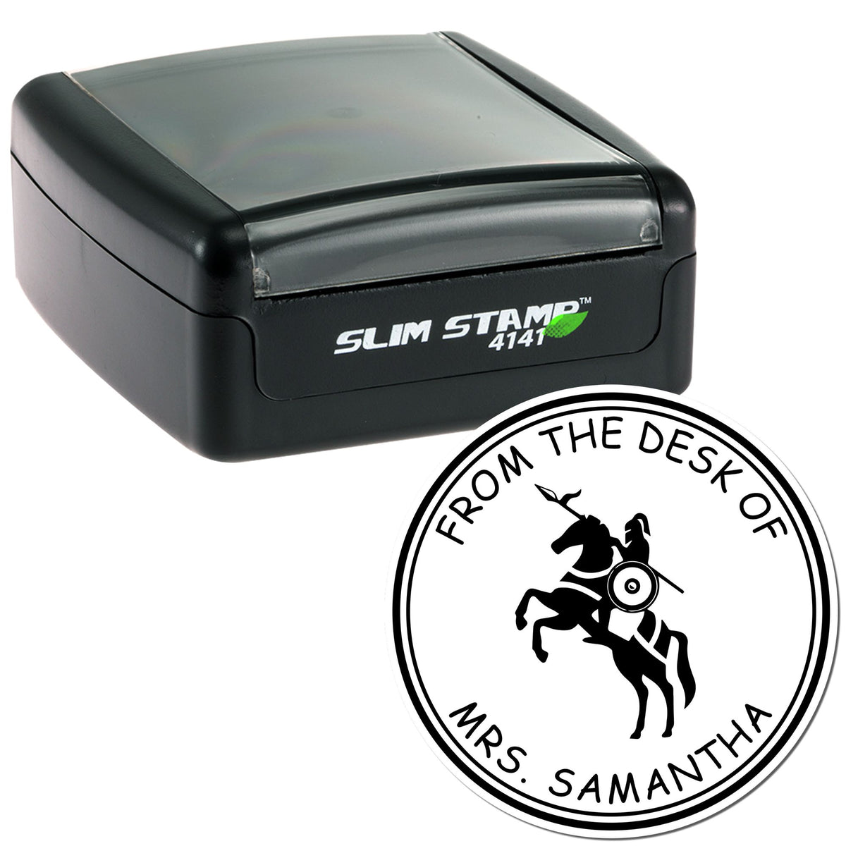 Black Slim Stamp 4141 self-inking stamp with round custom desk seal featuring horse-and-rider design and Mrs. Samantha text