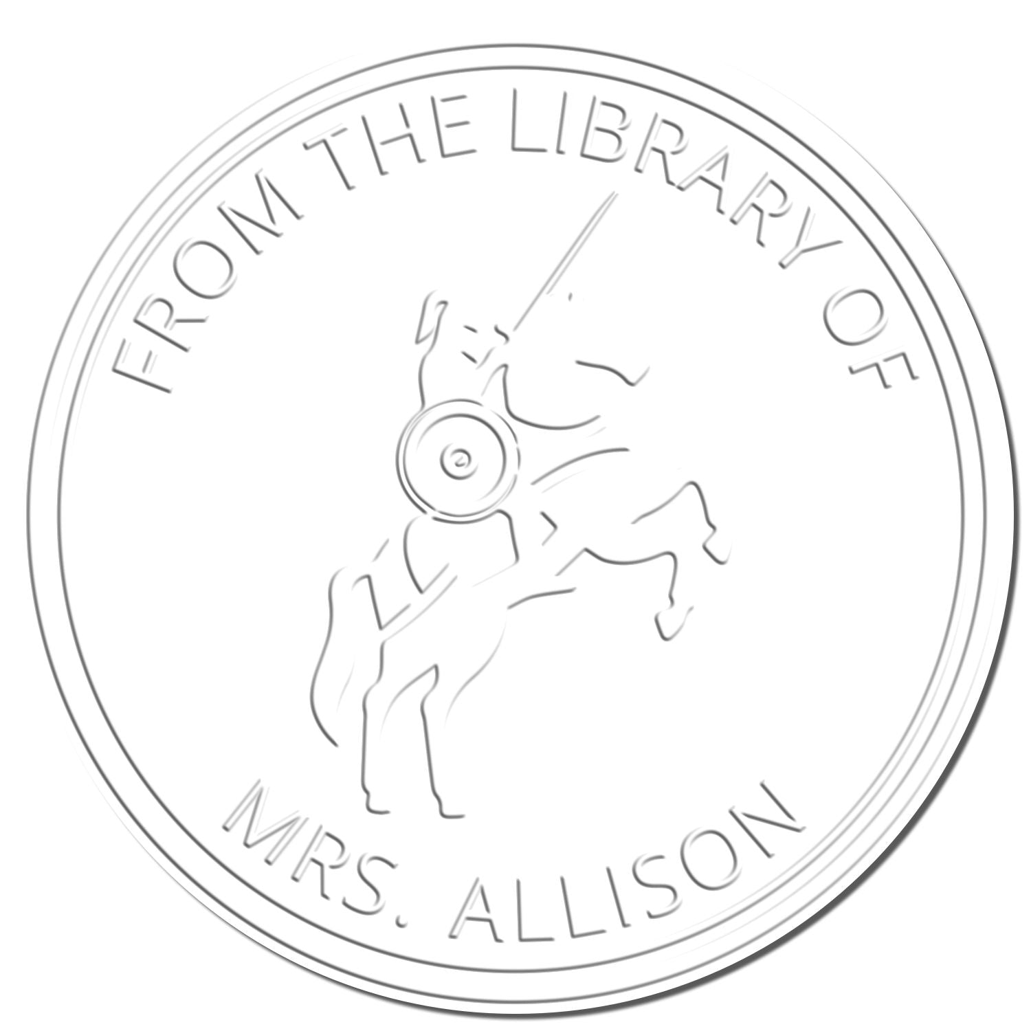 White embossed circular library stamp seal with unicorn design and text From the Library of Mrs. Allison.