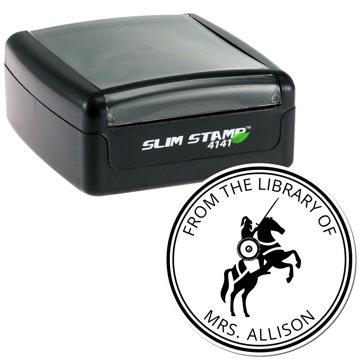 Black Slim Stamp 4141 self-inking stamp with round library seal reading From the library of Mrs. Allison and horse rider emblem.