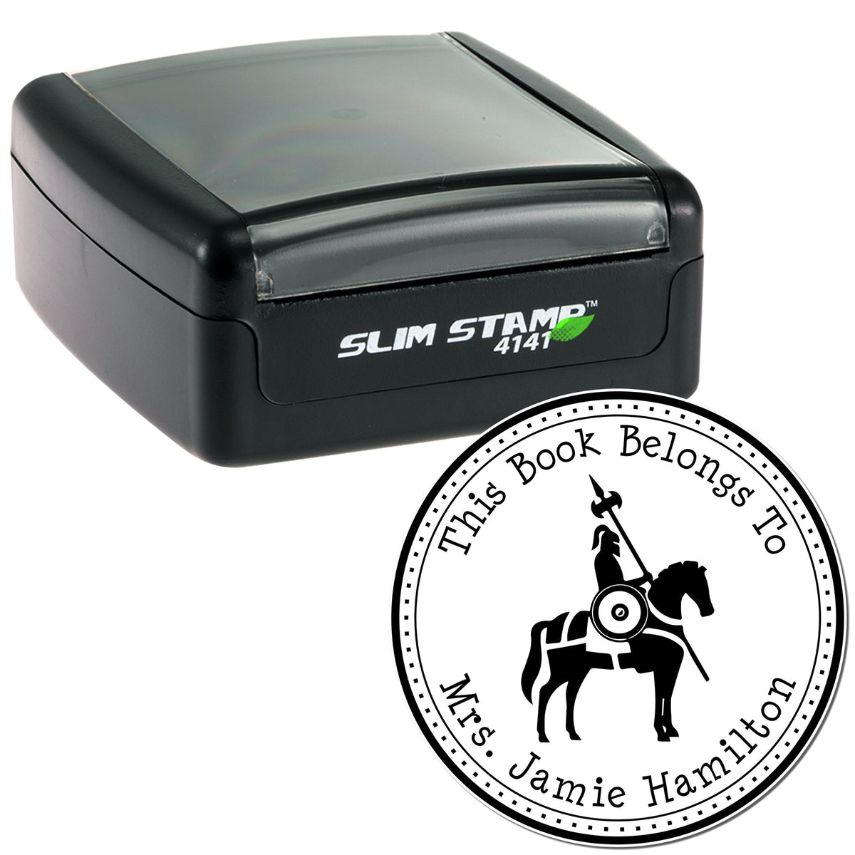 Black Slim Stamp 4141 with translucent lid beside a circular white book seal featuring a black rider and text.
