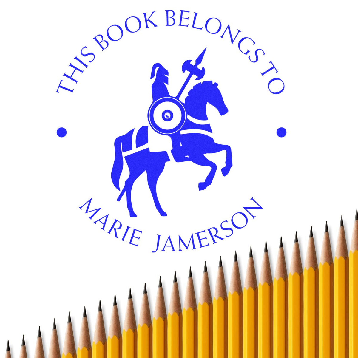 Blue custom book stamp seal with horse knight emblem and This Book Belongs to Marie Jamerson, on white above yellow pencils.