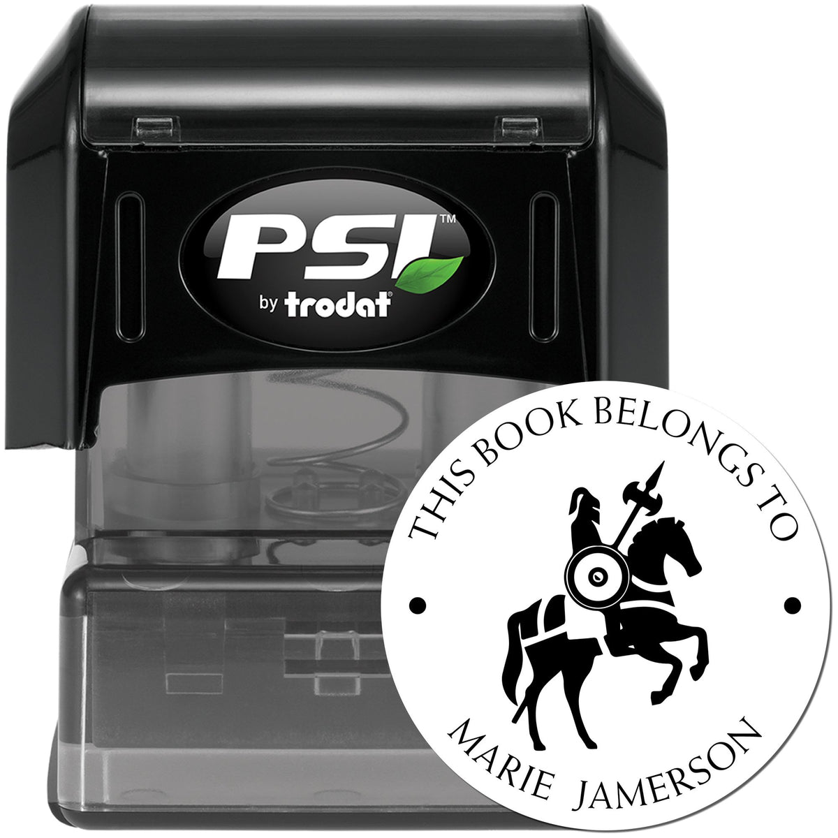 Black PSI by Trodat self-inking stamp with clear base and white round book seal reading This Book Belongs To and knight emblem.