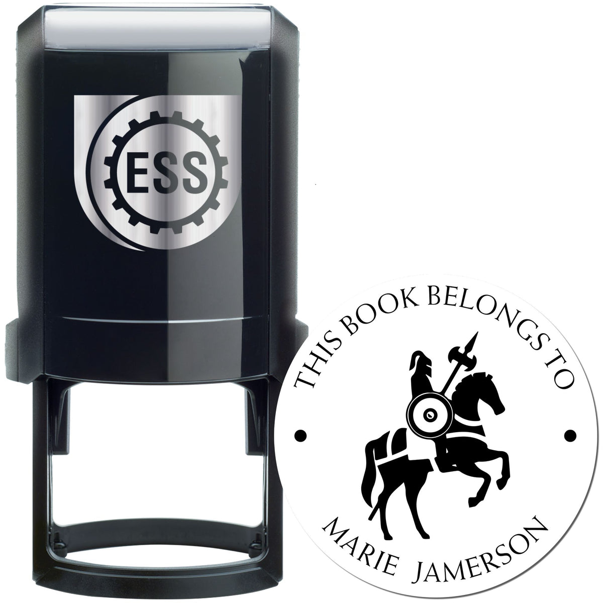 Black self-inking stamp with ESS gear logo beside a round white book seal for Marie Jamerson, featuring a black horse rider.