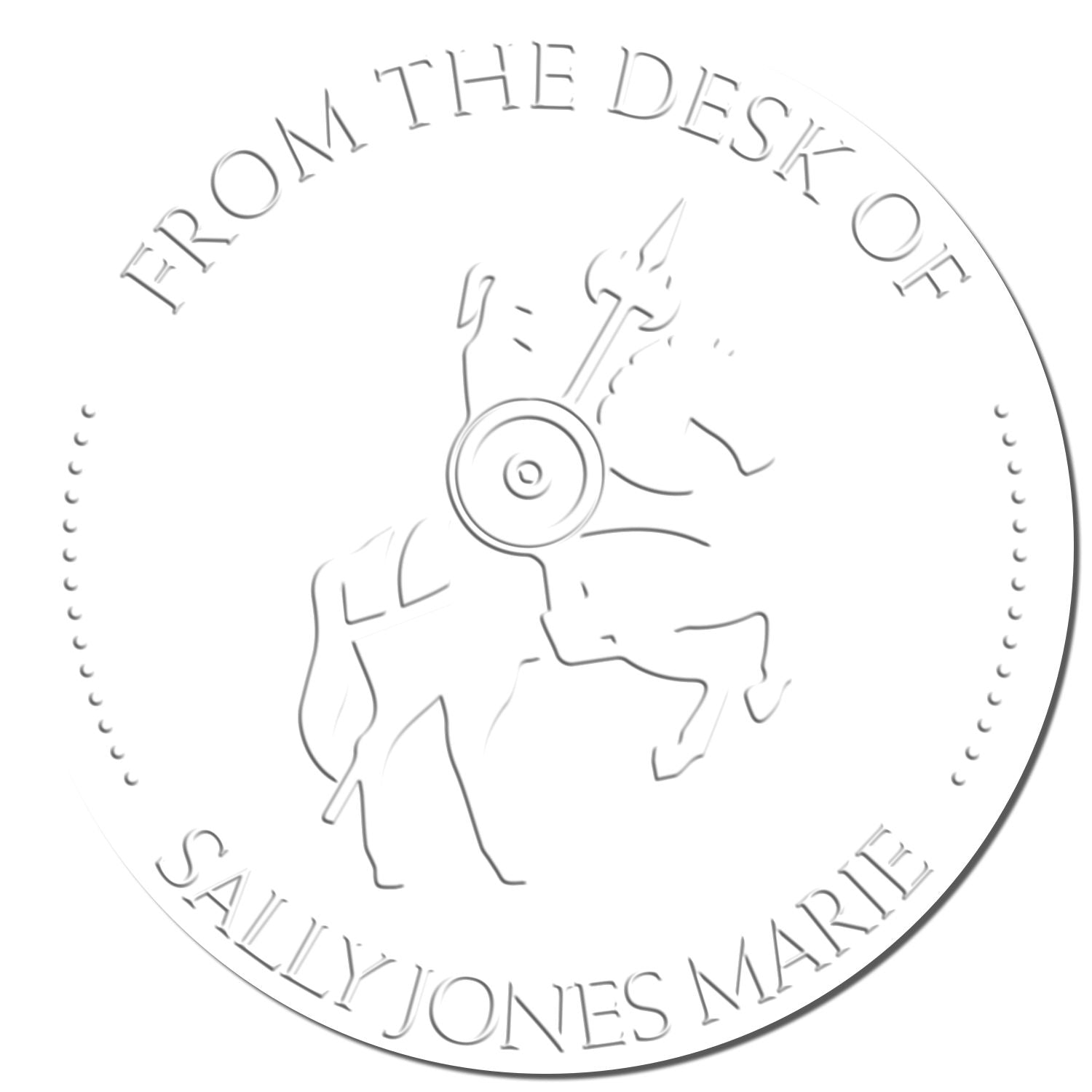 White circular embossed seal stamp with gray text, dotted border, and central emblem reading From the Desk of Sally Jones Marie.
