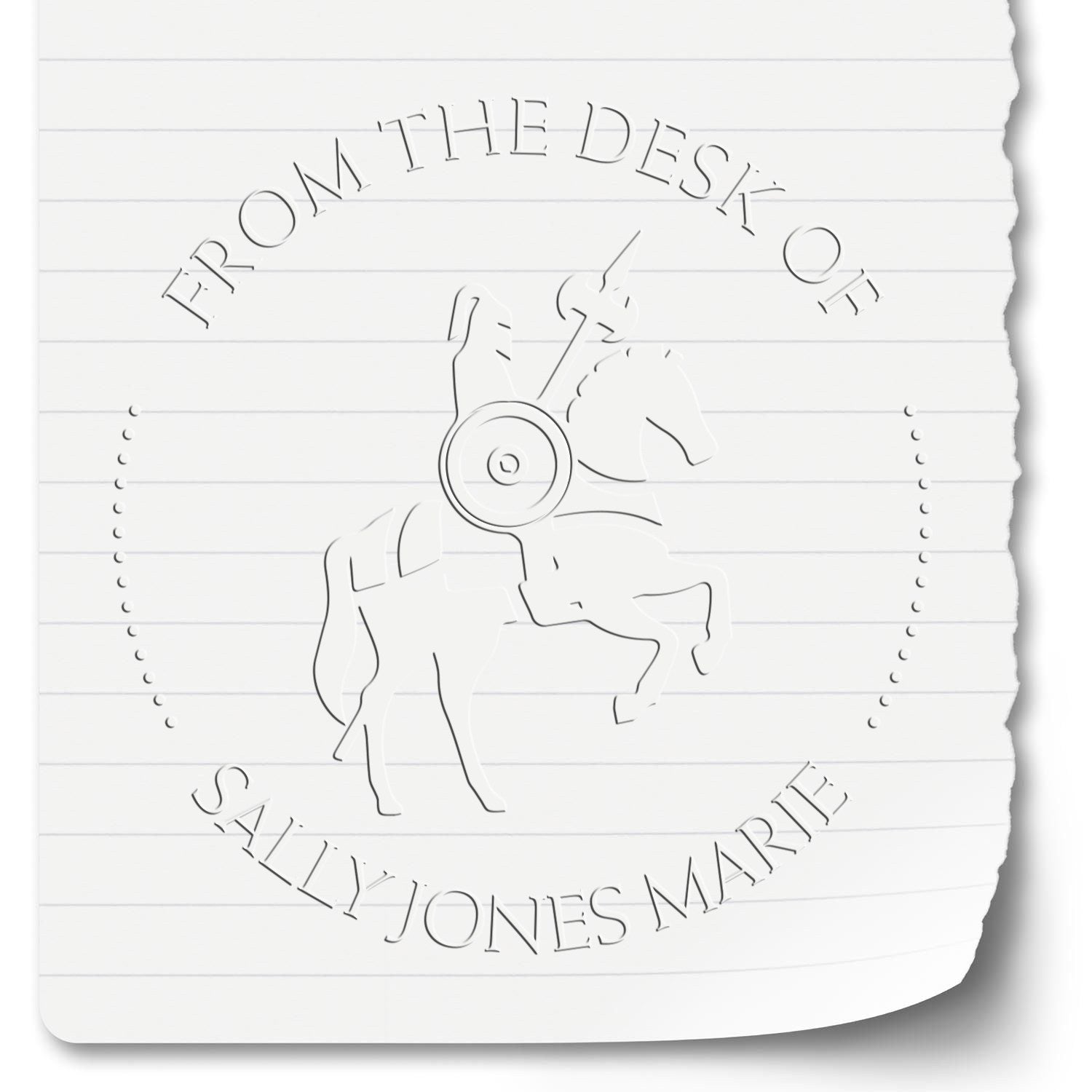 White custom embossing seal stamp with a rearing horse and rider, arched text, on white lined paper.
