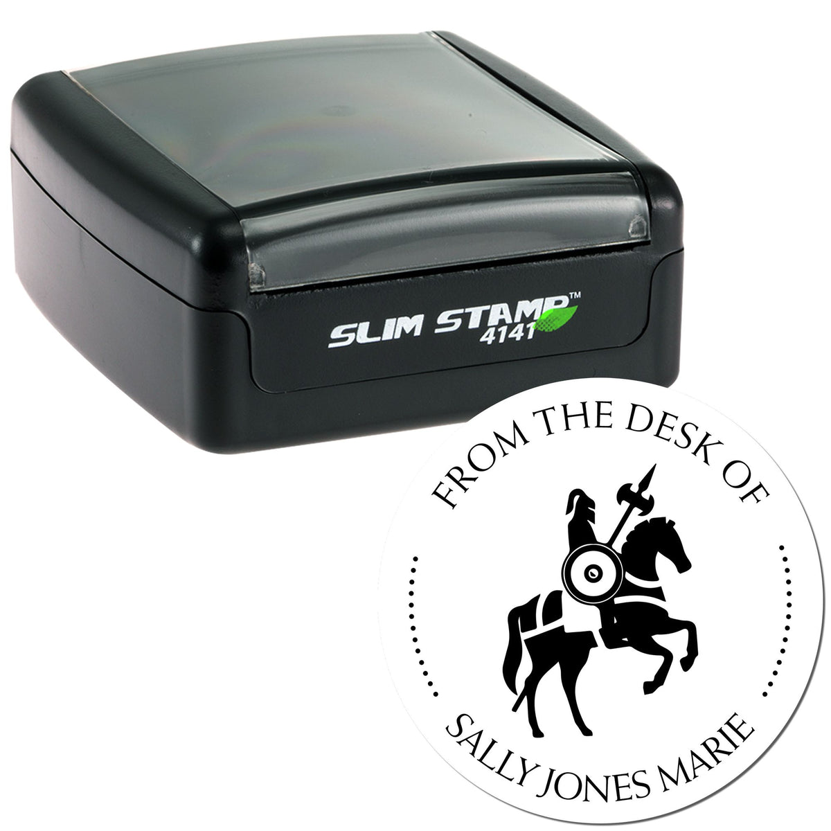 Black self-inking desk stamp with clear cap and round white custom seal featuring a black horse emblem and text.