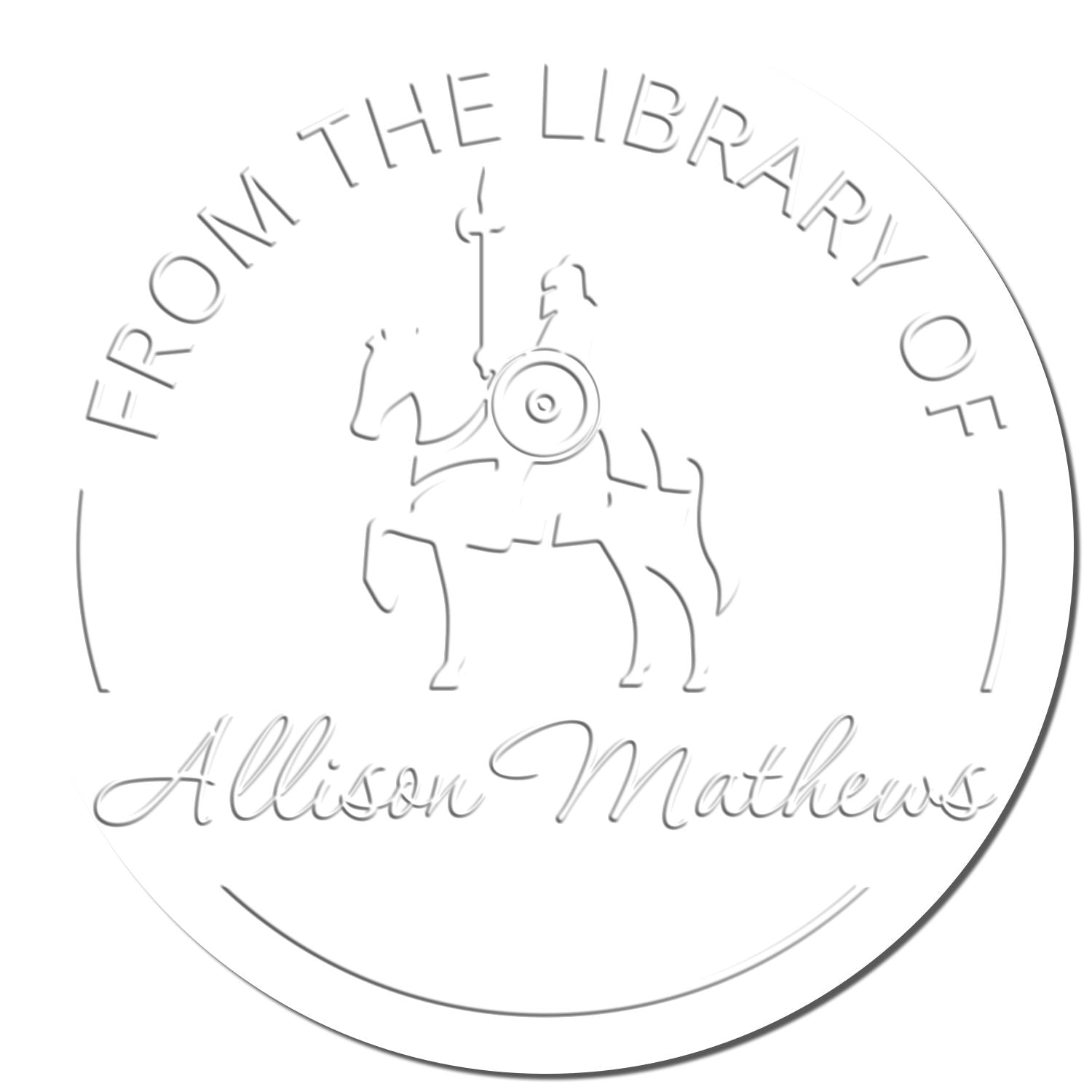 Custom silver-gray library stamp and embossing seal for Allison Mathews, with circular text and centered line-art emblem.
