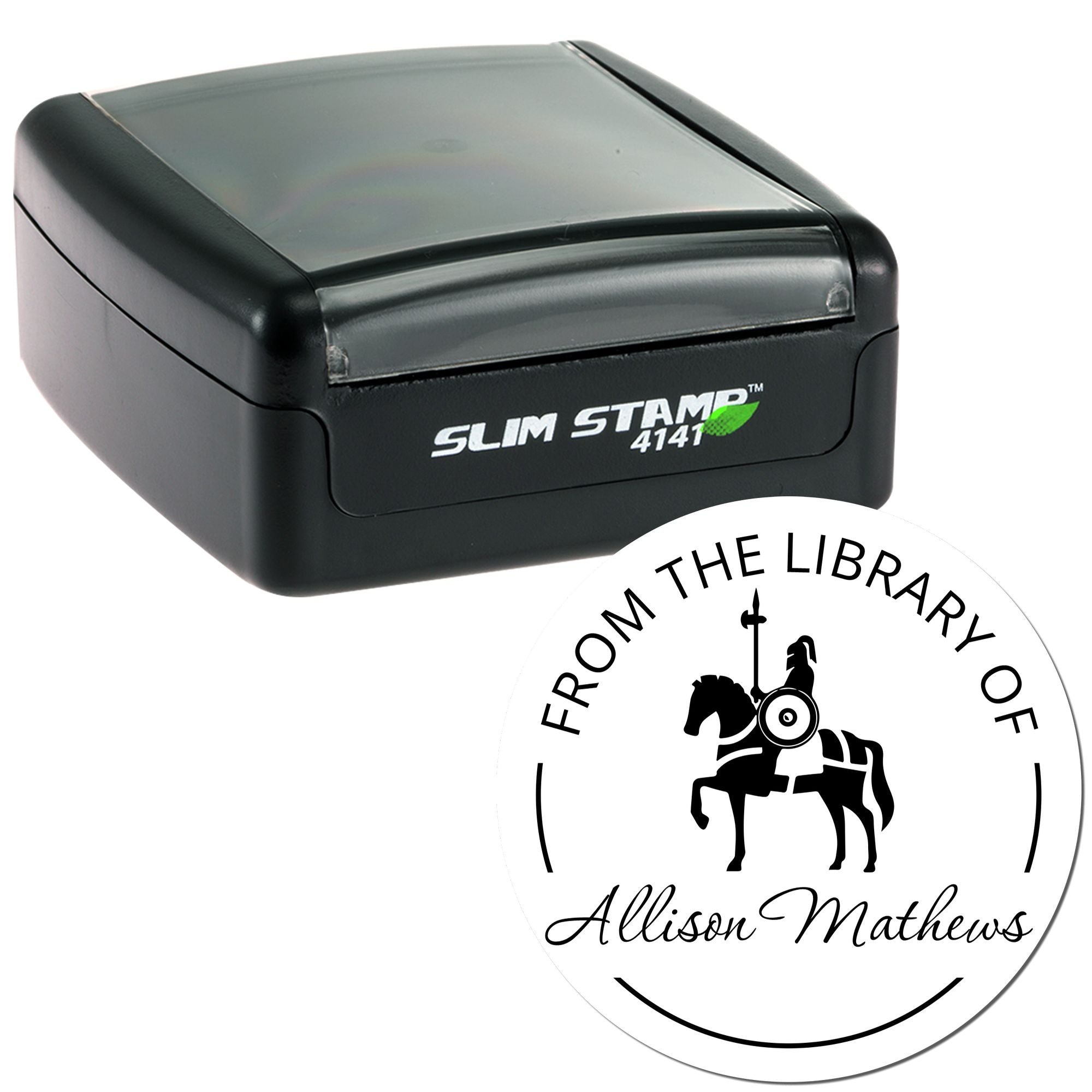 Black Slim Stamp 4141 with translucent gray top and round white horse-themed seal reading From the Library of Allison Mathews
