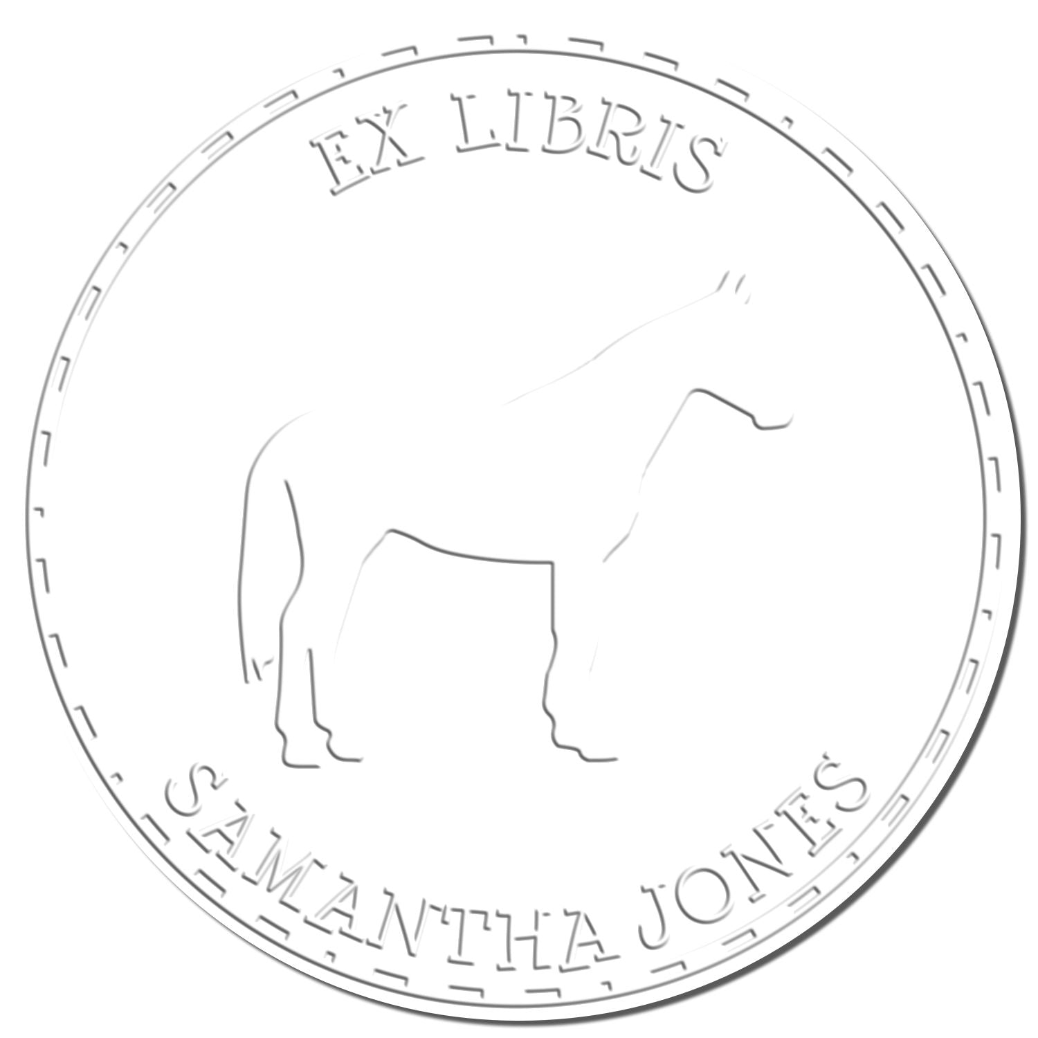 White embossed circular ex libris stamp seal with horse outline and gray border text for Camanthia Jones.