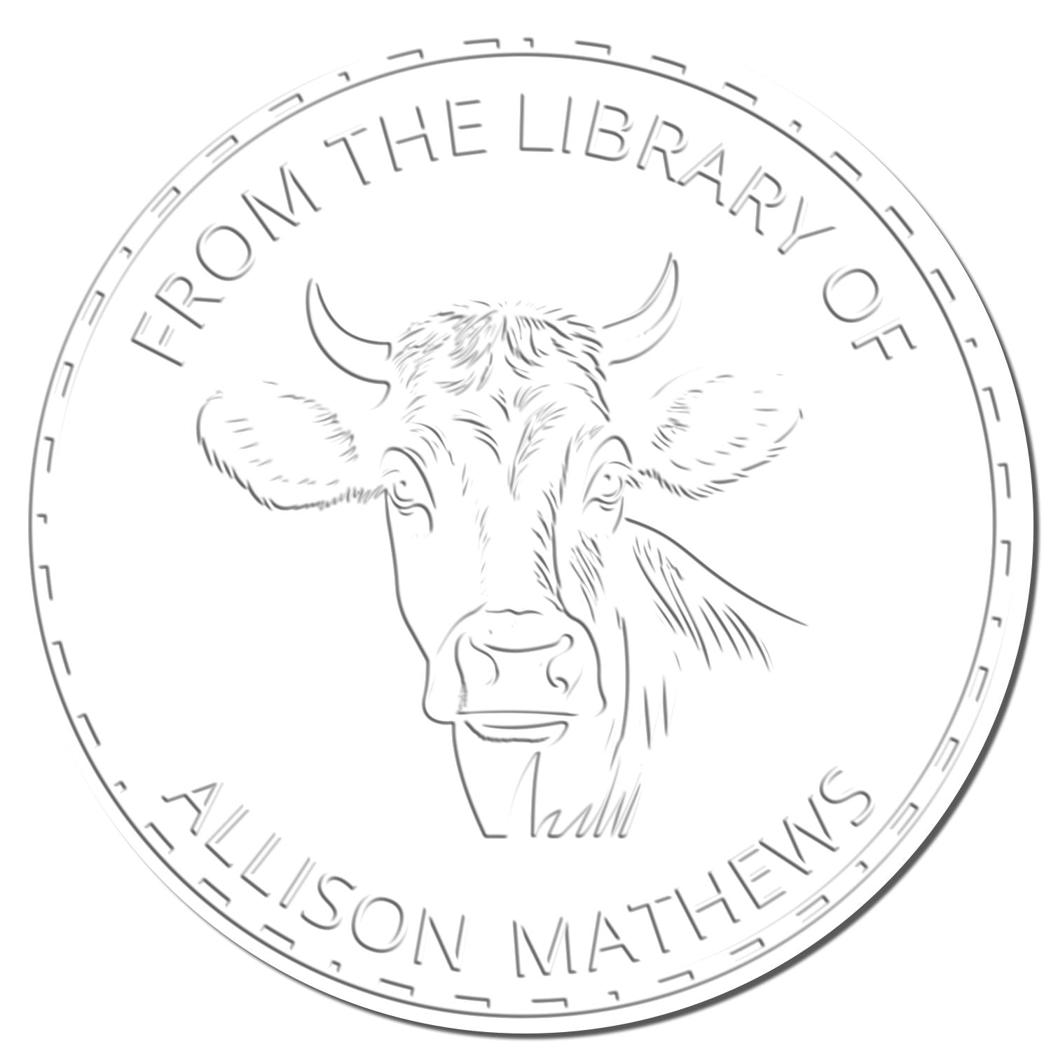 Circular white and gray embossed stamp seal with a cow head and From the Library of Allison Mathews around the edge.