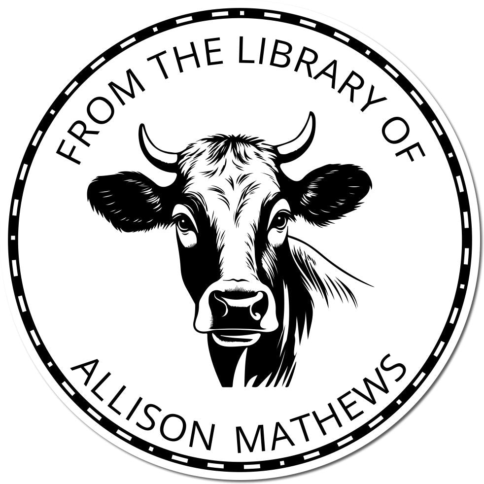 Black-and-white circular stamp seal with cow head and text From the Library of Allison Mathews.