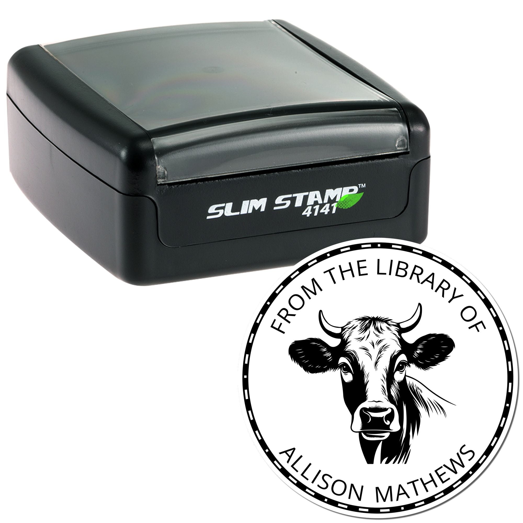 Slim Pre-Inked Bessie Cow Customizable From The Bookshelf Of Stamp - Engineer Seal Stamps