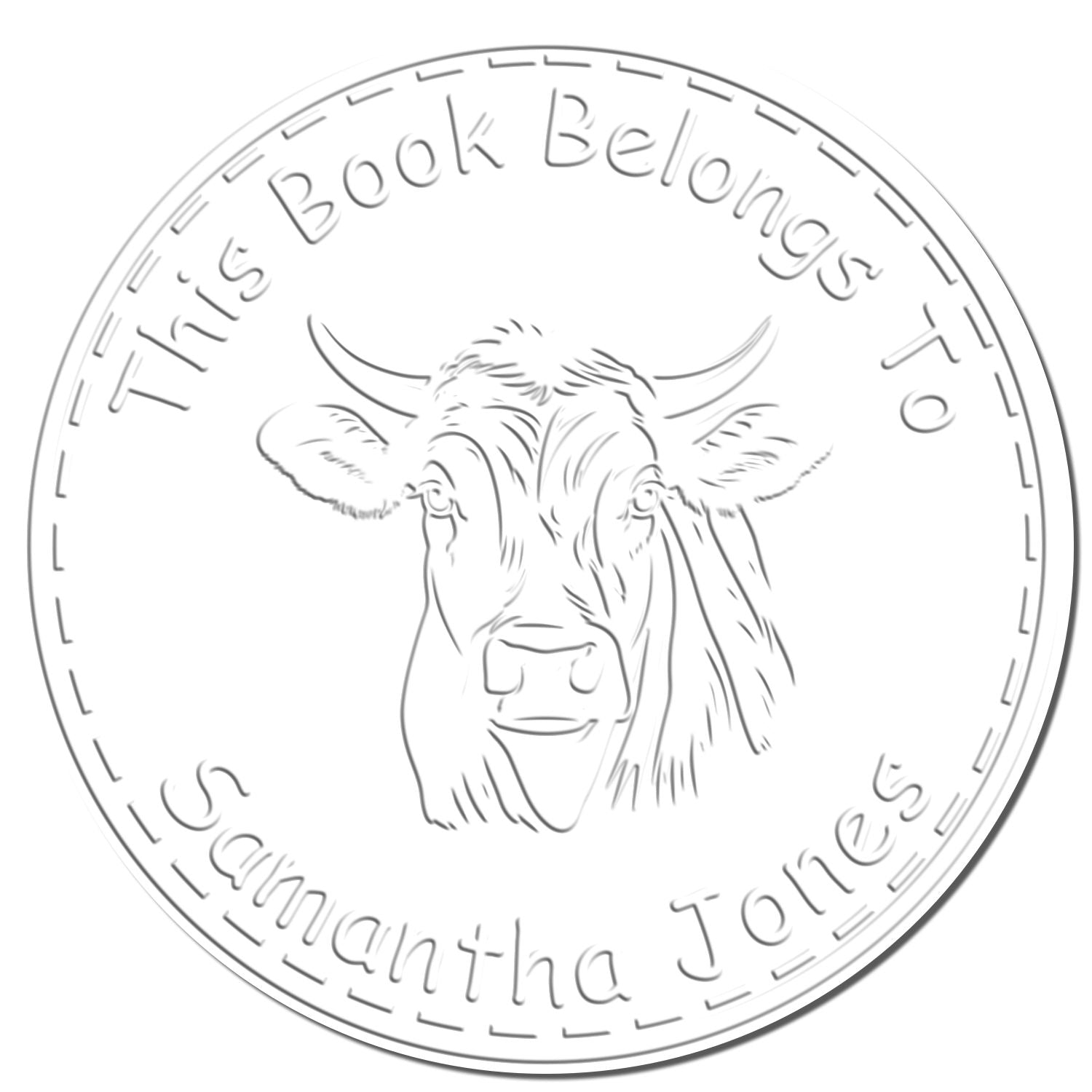 White circular embossed bookplate stamp with cow head and gray text, This Book Belongs to Samantha Jones.