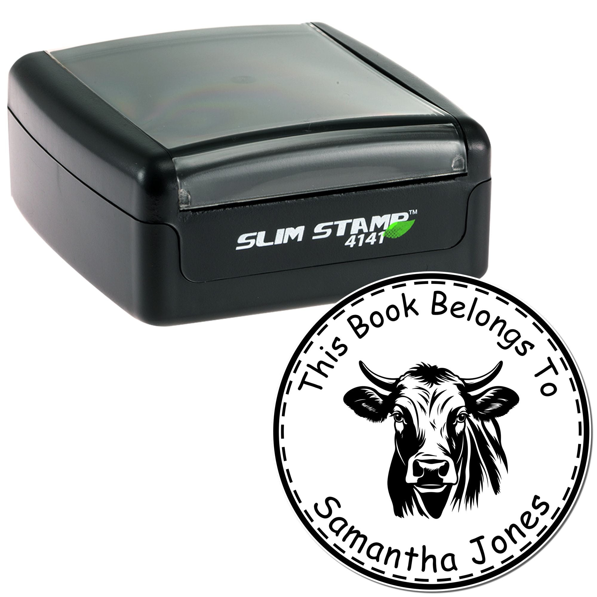 Black Slim Stamp 4141 and custom circular book seal with cow logo and This Book Belongs To Samantha Jones text.