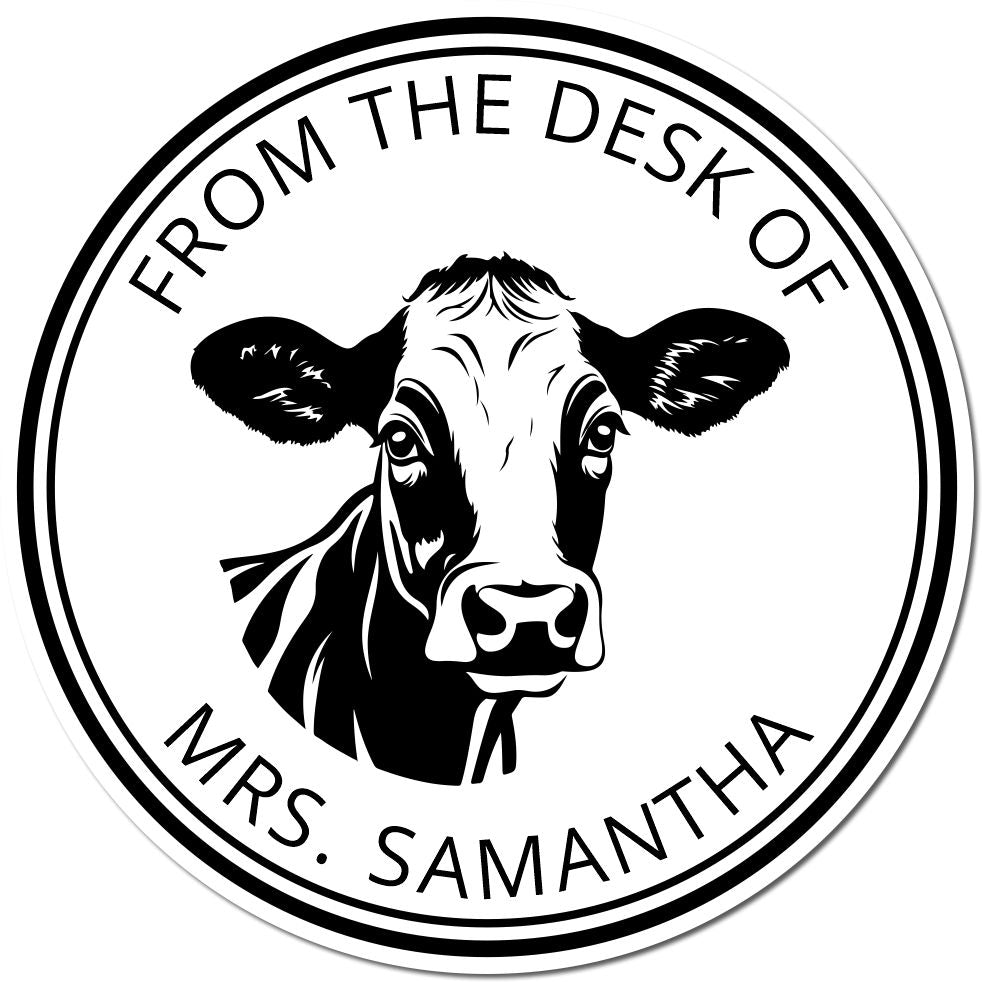 Black-and-white circular stamp seal with cow illustration and From the Desk of Mrs. Samantha text.