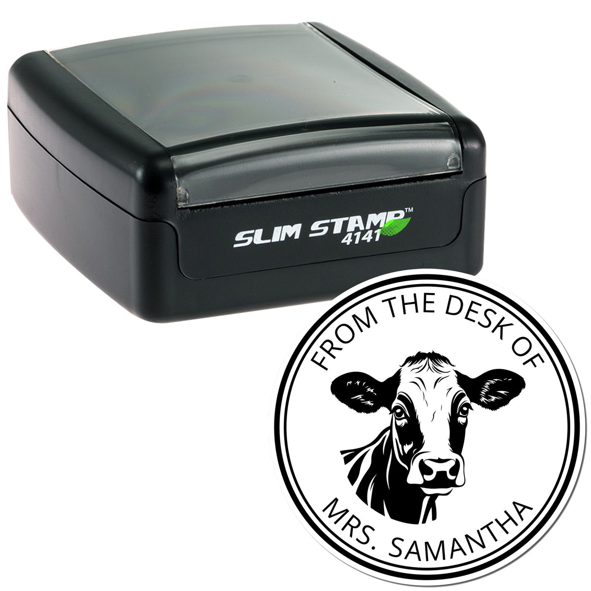 Black Slim Stamp 4141 self-inking stamp with round cow seal reading From the Desk of Mrs. Samantha
