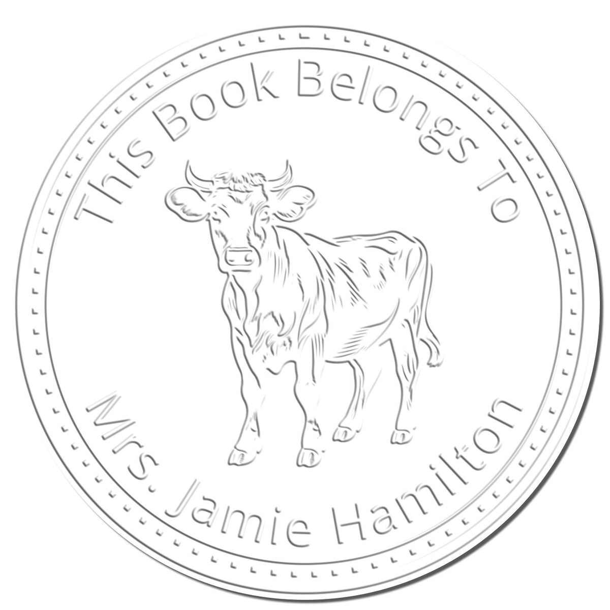Personalized Rosie Cow Farm Animal Stamp by ESS showing a detailed imprint of the cow seal on paper.
