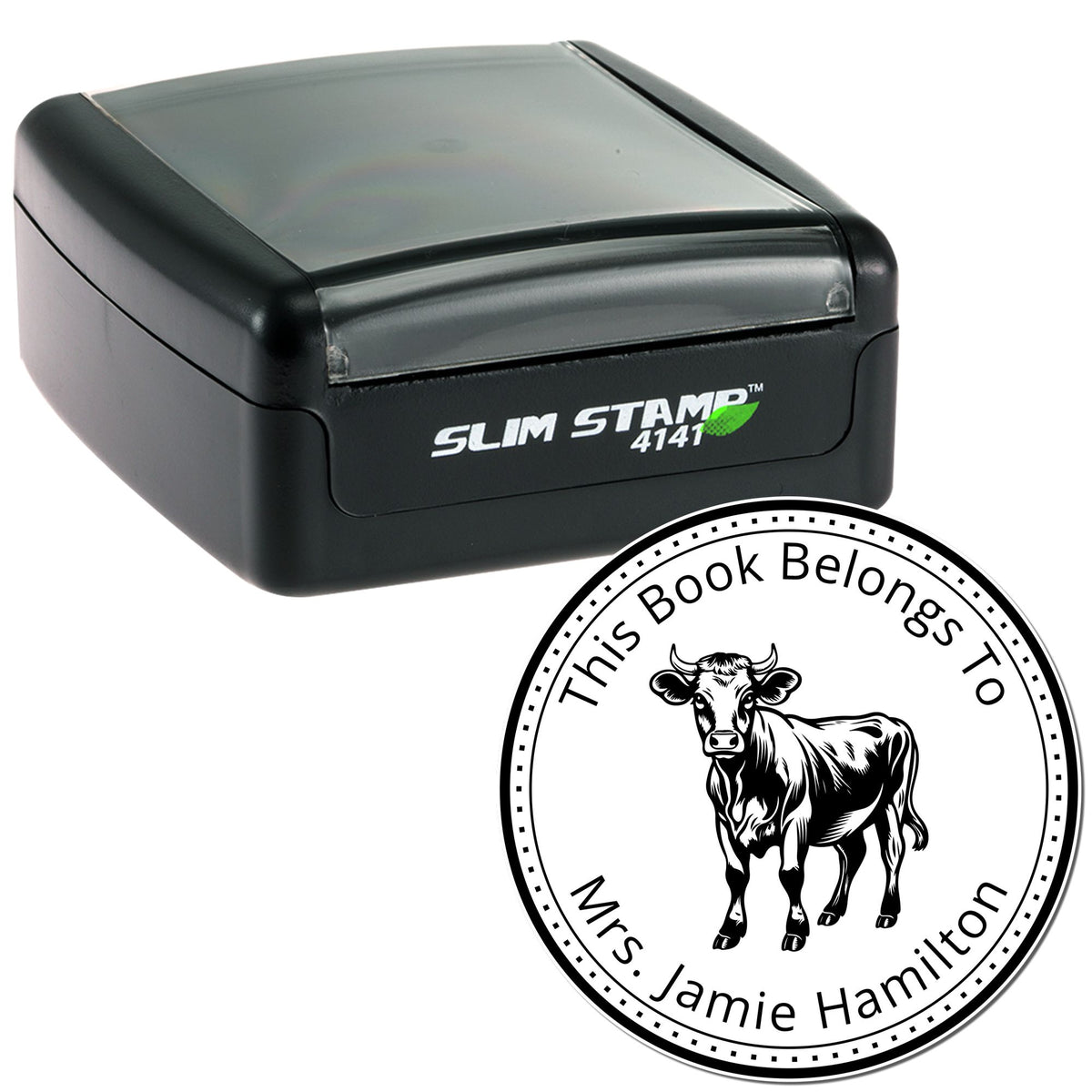 Black Slim Stamp 4141 and custom round seal, featuring a cow and ĀThis Book Belongs To Mrs. Jamie HamiltonĀ.