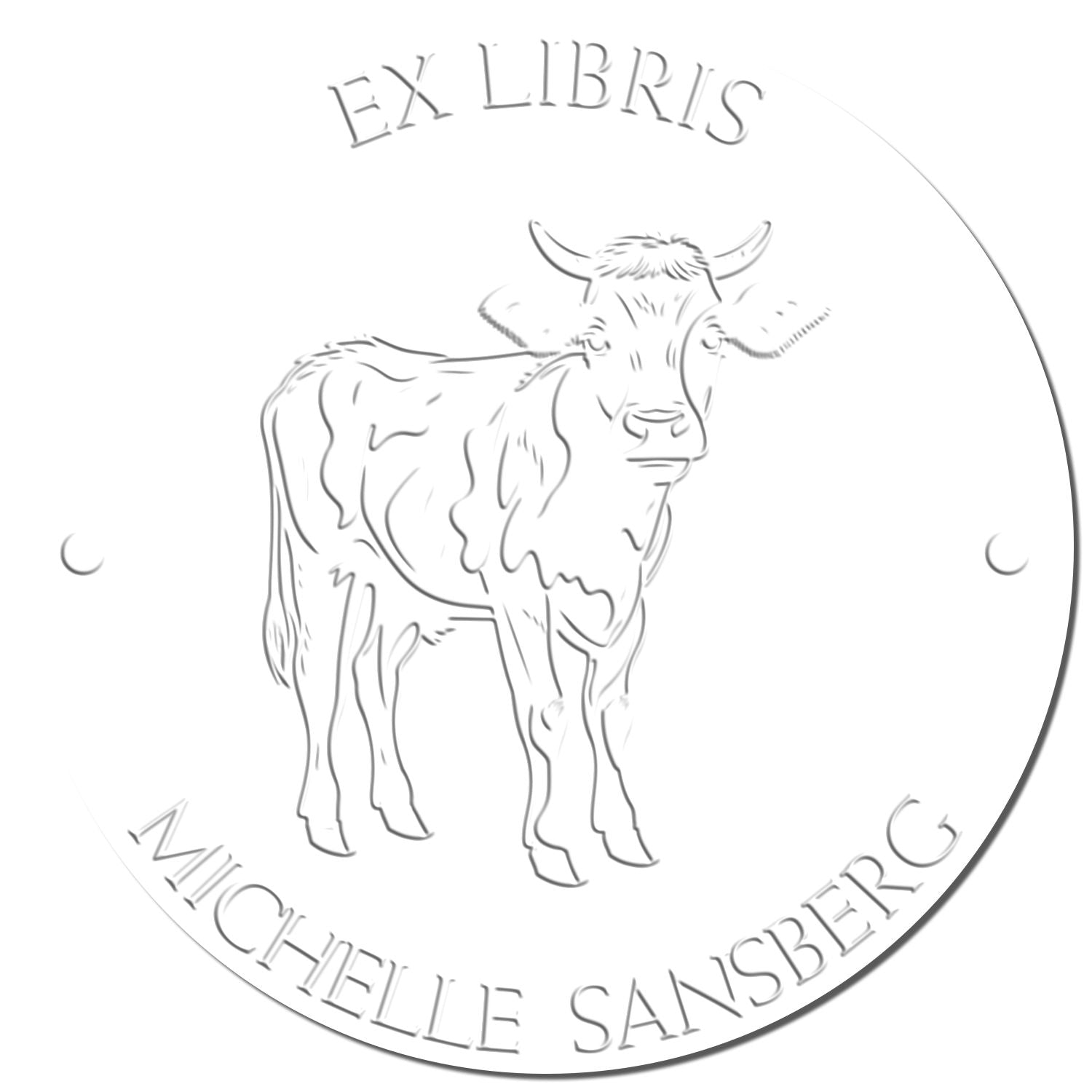 Round white ex libris stamp seal featuring a cow illustration and embossed MICHELLE SANSBERG text.