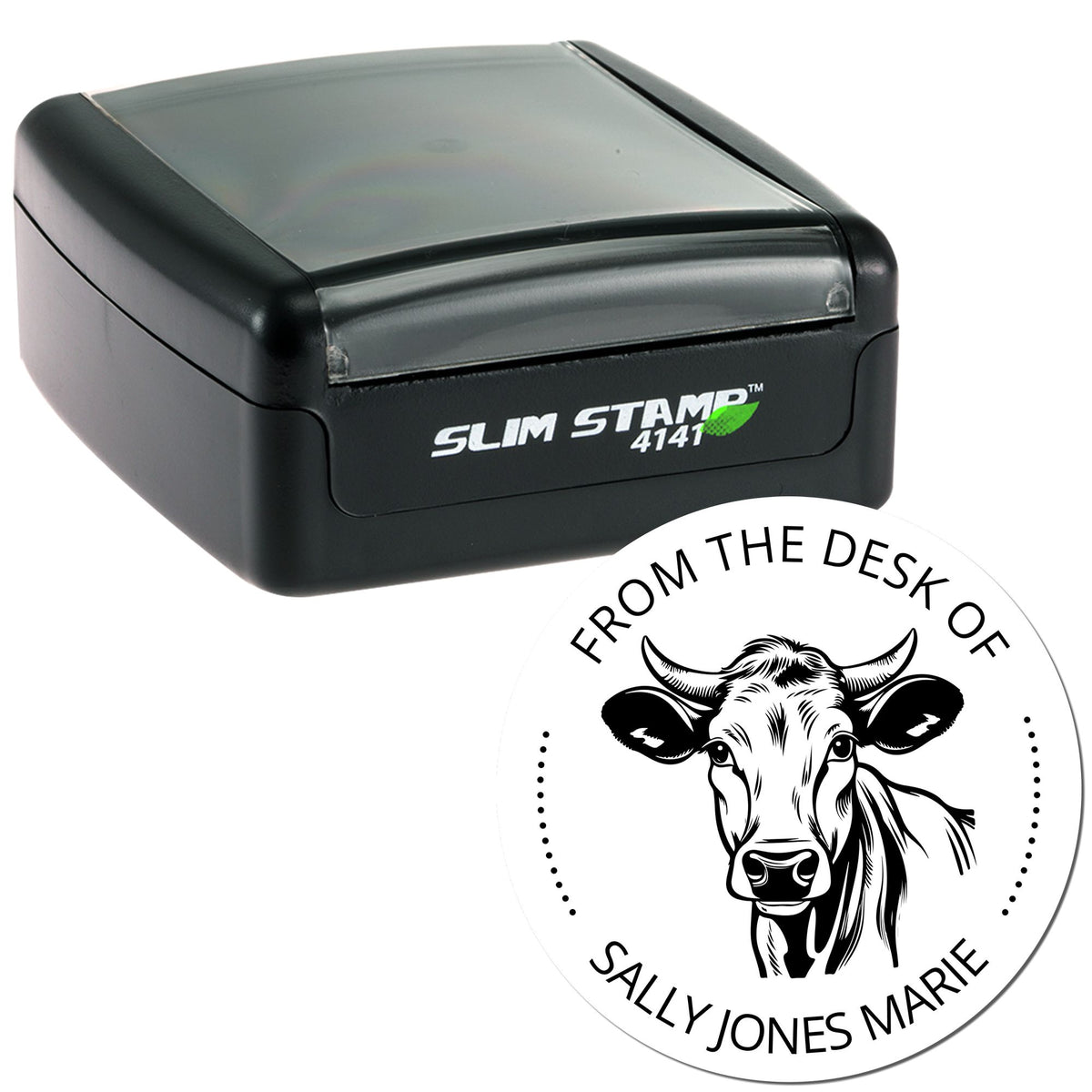 Black slim self-inking stamp and round white seal with cow logo and From the desk of Sally Jones Marie text.