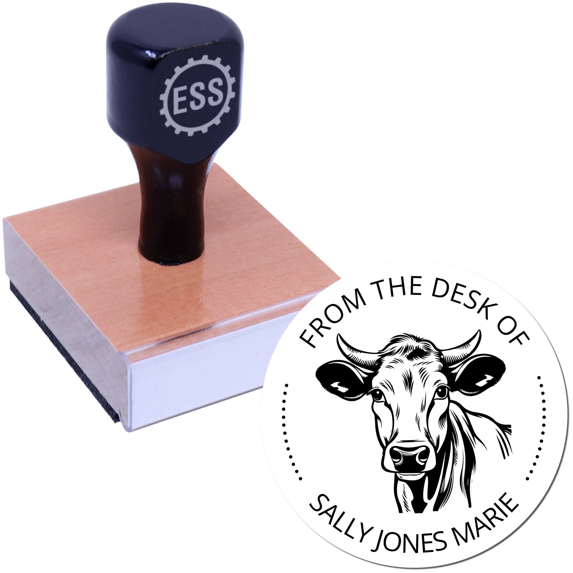 Blue rubber stamp on wooden base with round cow seal, black text reading From the Desk of Sally Jones Marie.