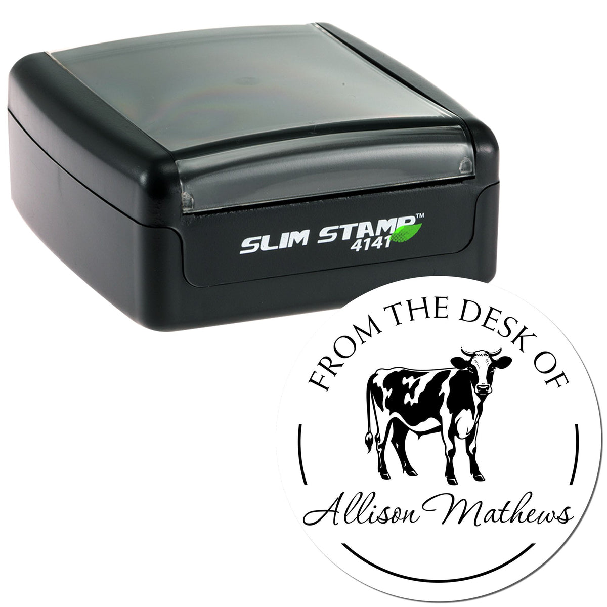Black Slim Stamp 4141 self-inking stamp with round seal reading From the Desk of Allison Mathews and cow graphic.