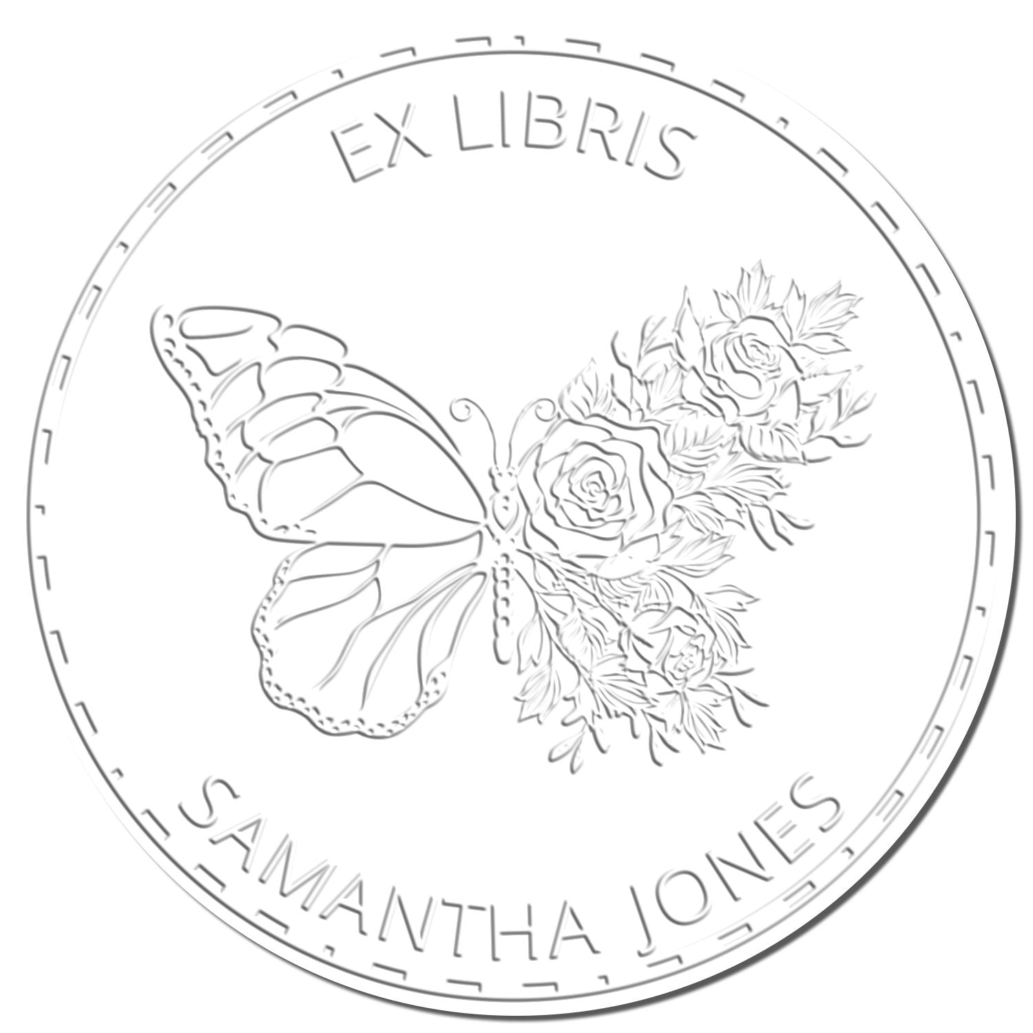Silver embossed ex libris stamp seal with butterfly and roses, reading Samantha Jones, on a white background.